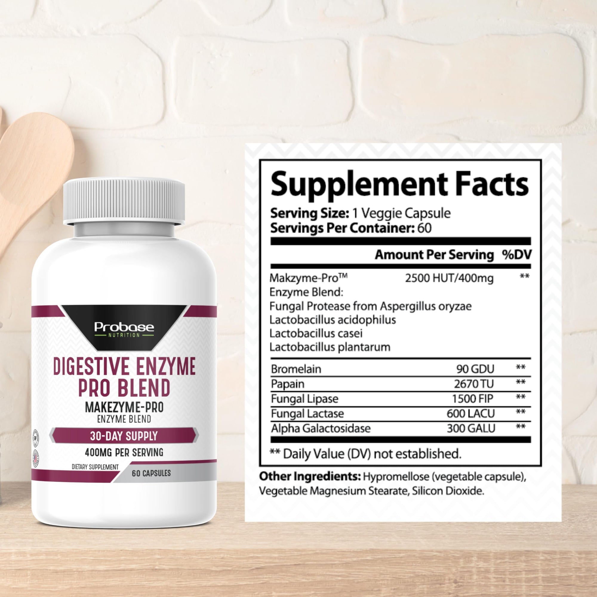 Probase Digestive Enzyme Pro Blend supplement bottle with label on a wooden surface.