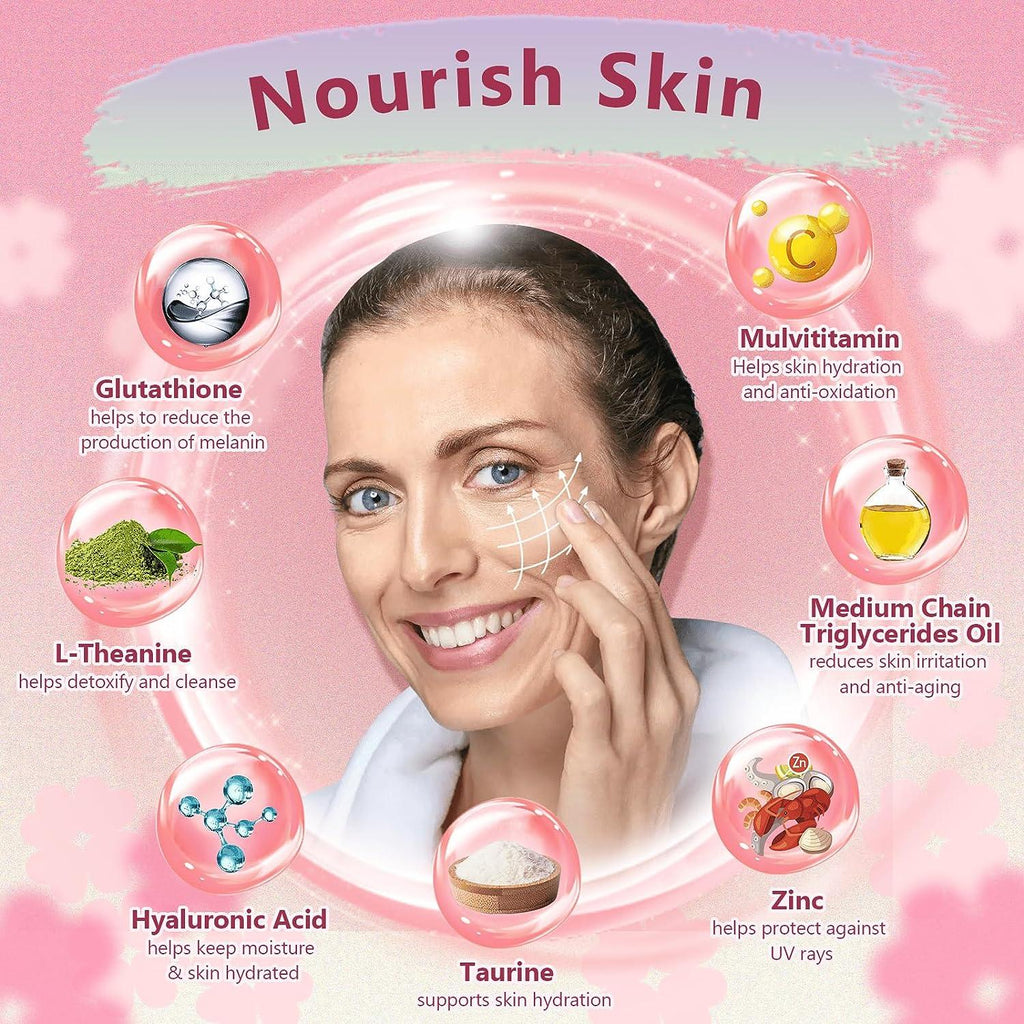 Woman applying skincare product with icons and text about skin care ingredients on a pink background