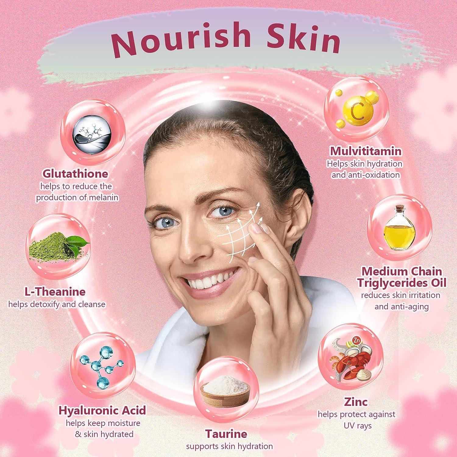 Woman applying skincare product with icons and text about skin care ingredients on a pink background
