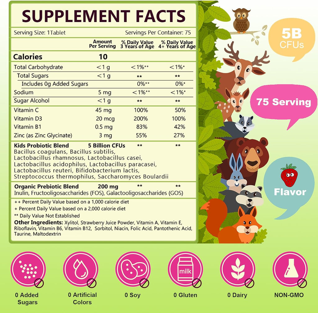 Supplement facts label with forest-themed illustrations on a green background
