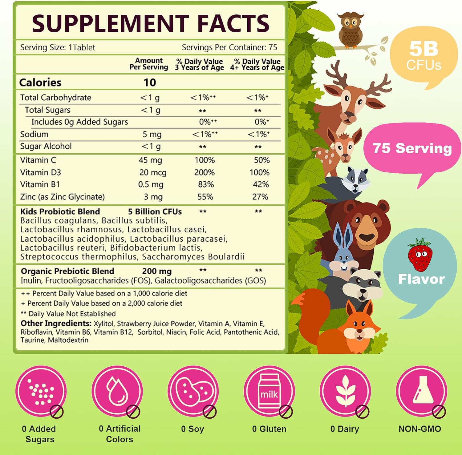 Supplement facts label with forest-themed illustrations on a green background