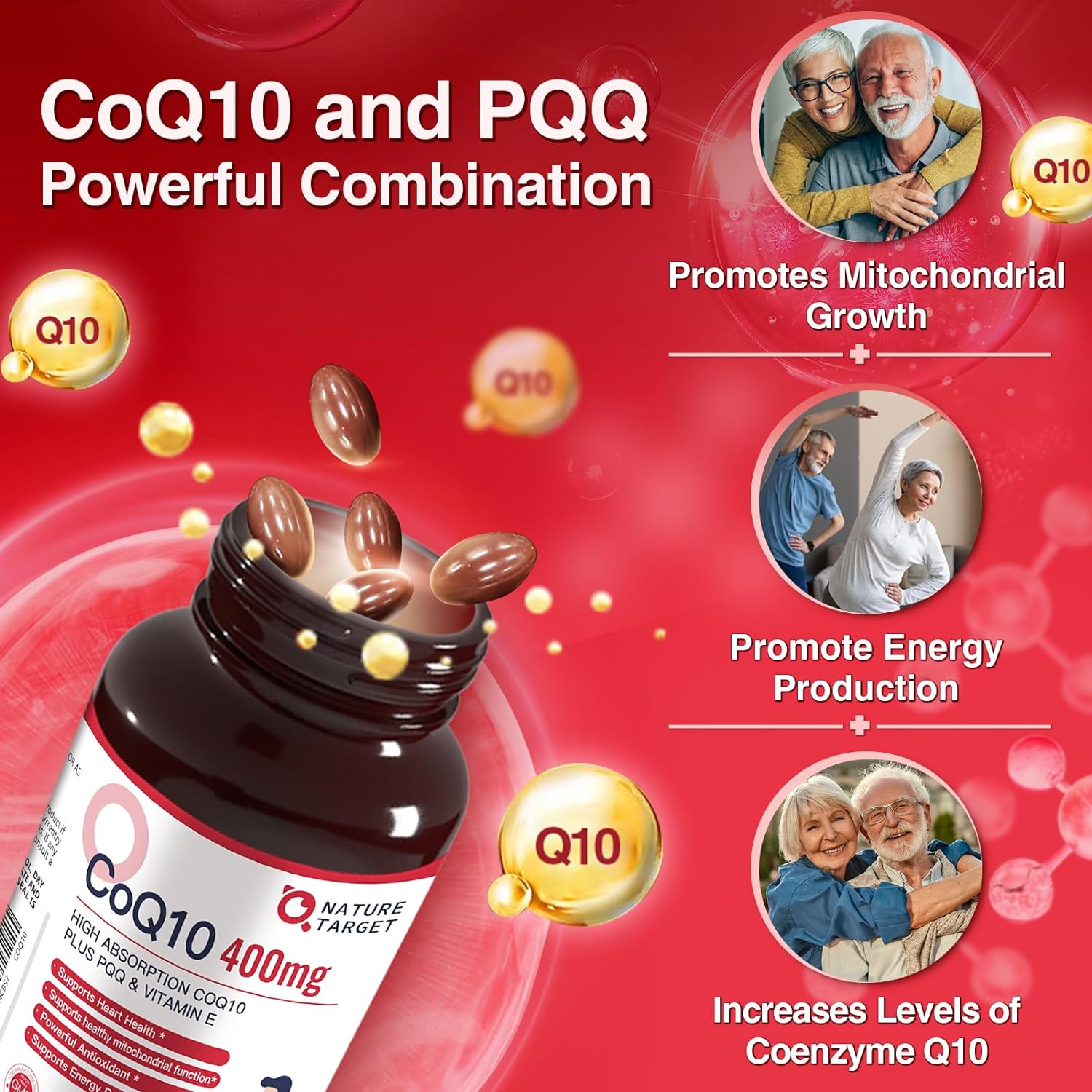 CoQ10 supplement bottle with promotional text on a red background
