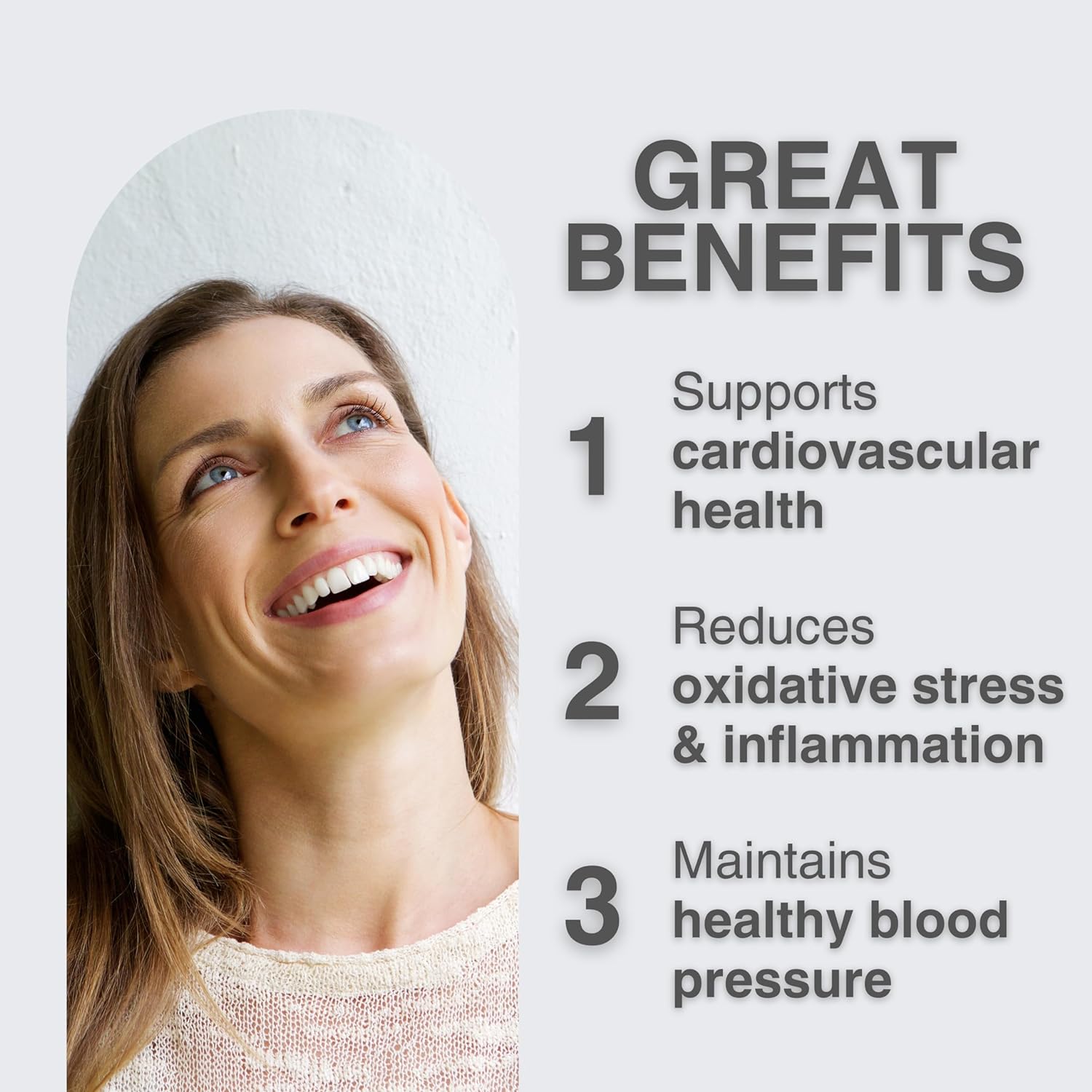 Woman with a smile next to text listing benefits of a product or supplement on a light gray background