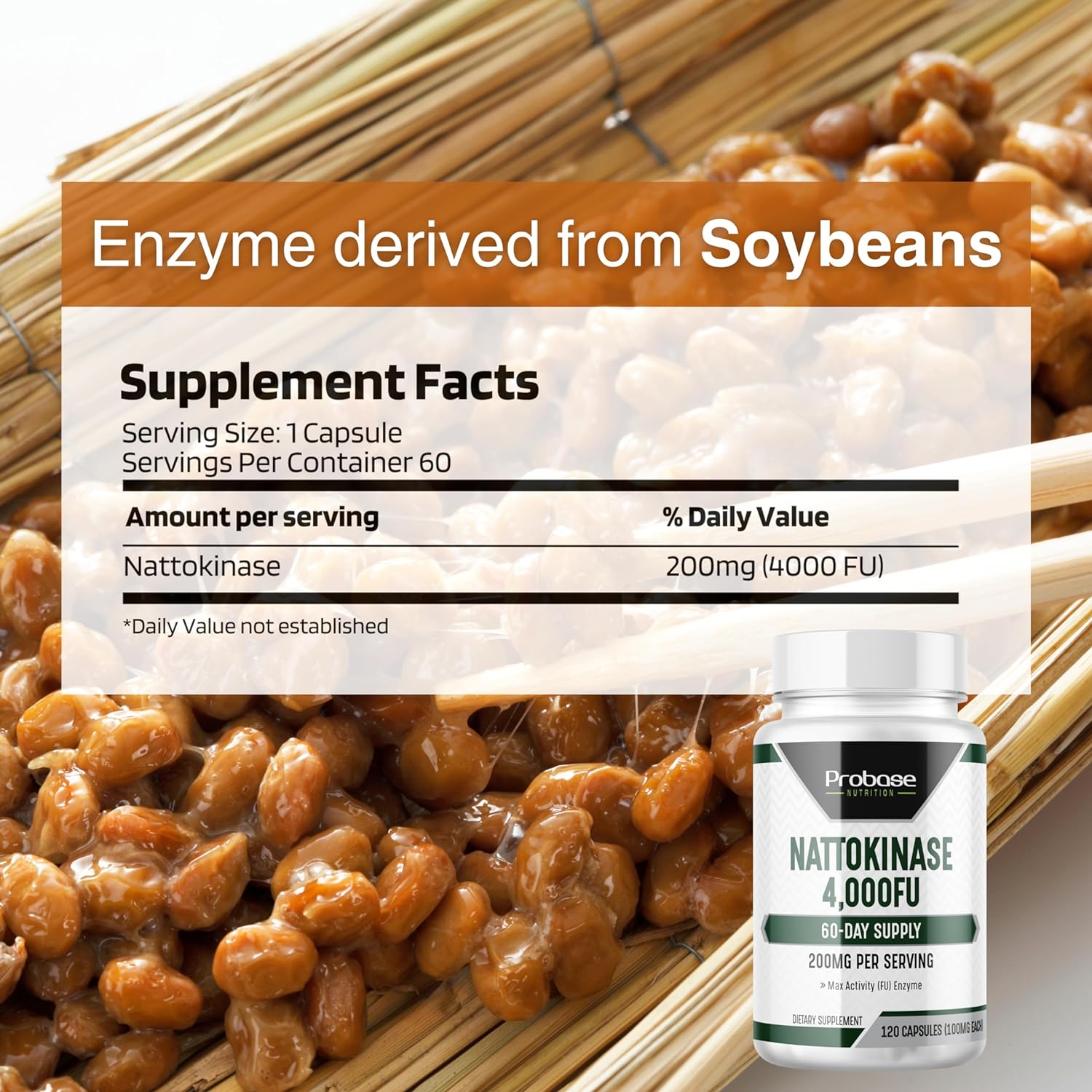 Supplement bottle with soybeans and a label detailing supplement facts.