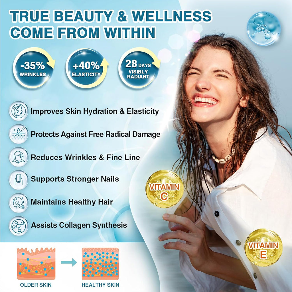 Advertisement for skincare products with a woman smiling, vitamins C and E highlighted, and text about skin benefits.