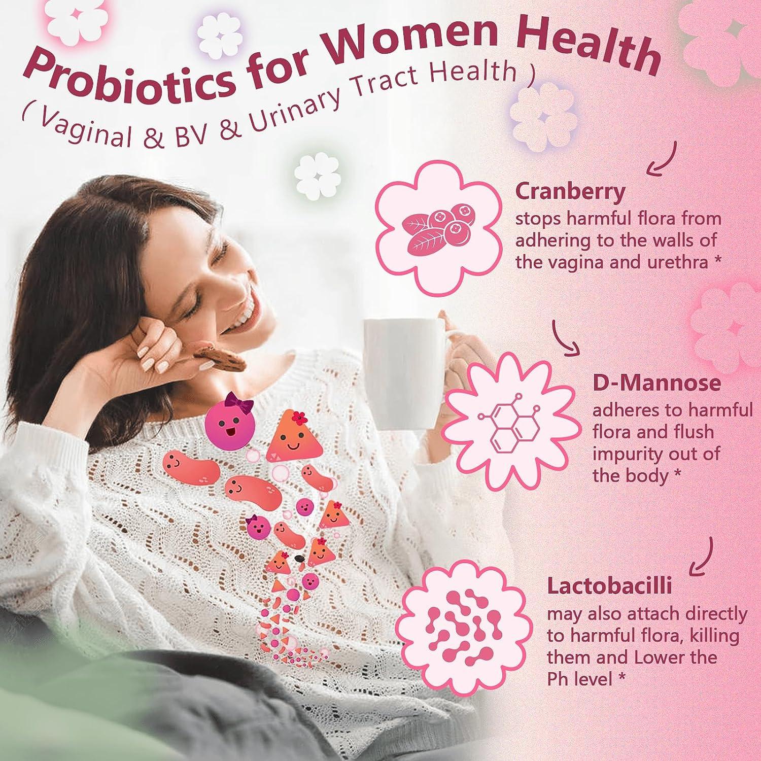 Advertisement for probiotics for women's health with a woman holding a mug and text about cranberry, D-Mannose, and Lactobacilli.