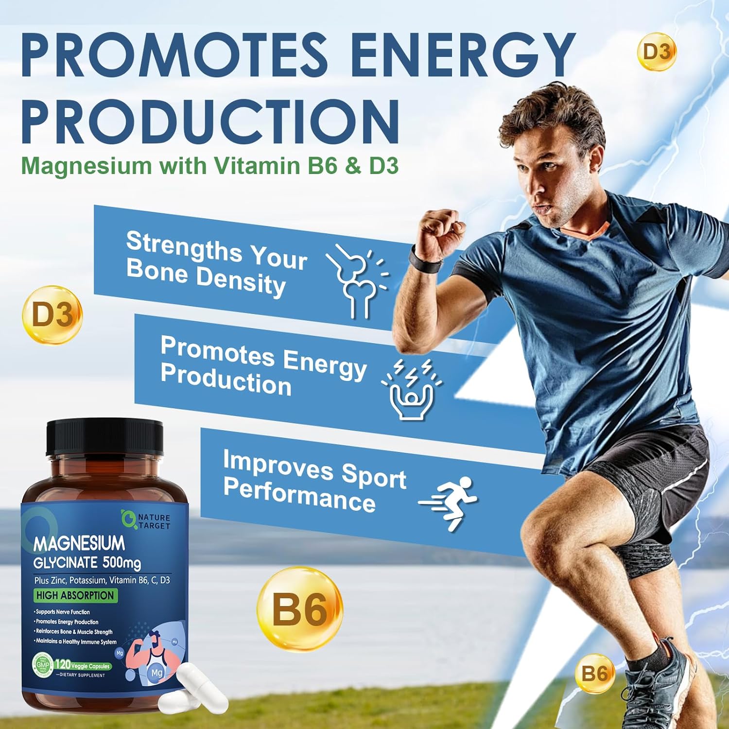 Supplement bottle with a person running, promoting energy production and bone density.