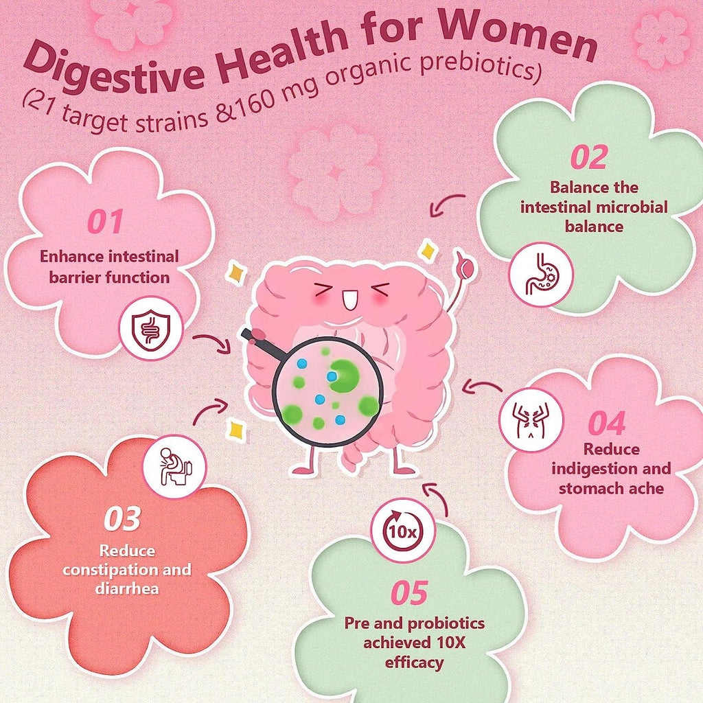 Illustration of digestive health benefits with cartoon gut and flowers on a pink background