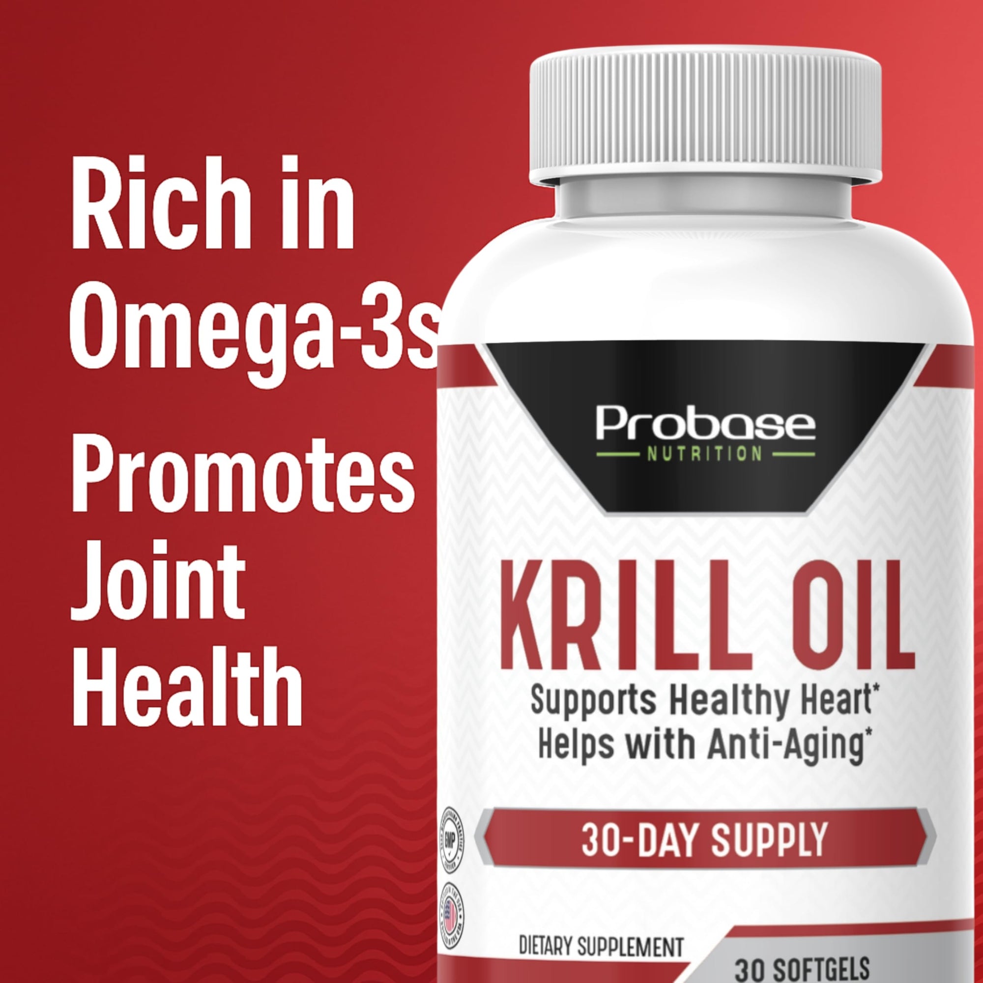 Probase Nutrition Krill Oil supplement bottle with text on a red background