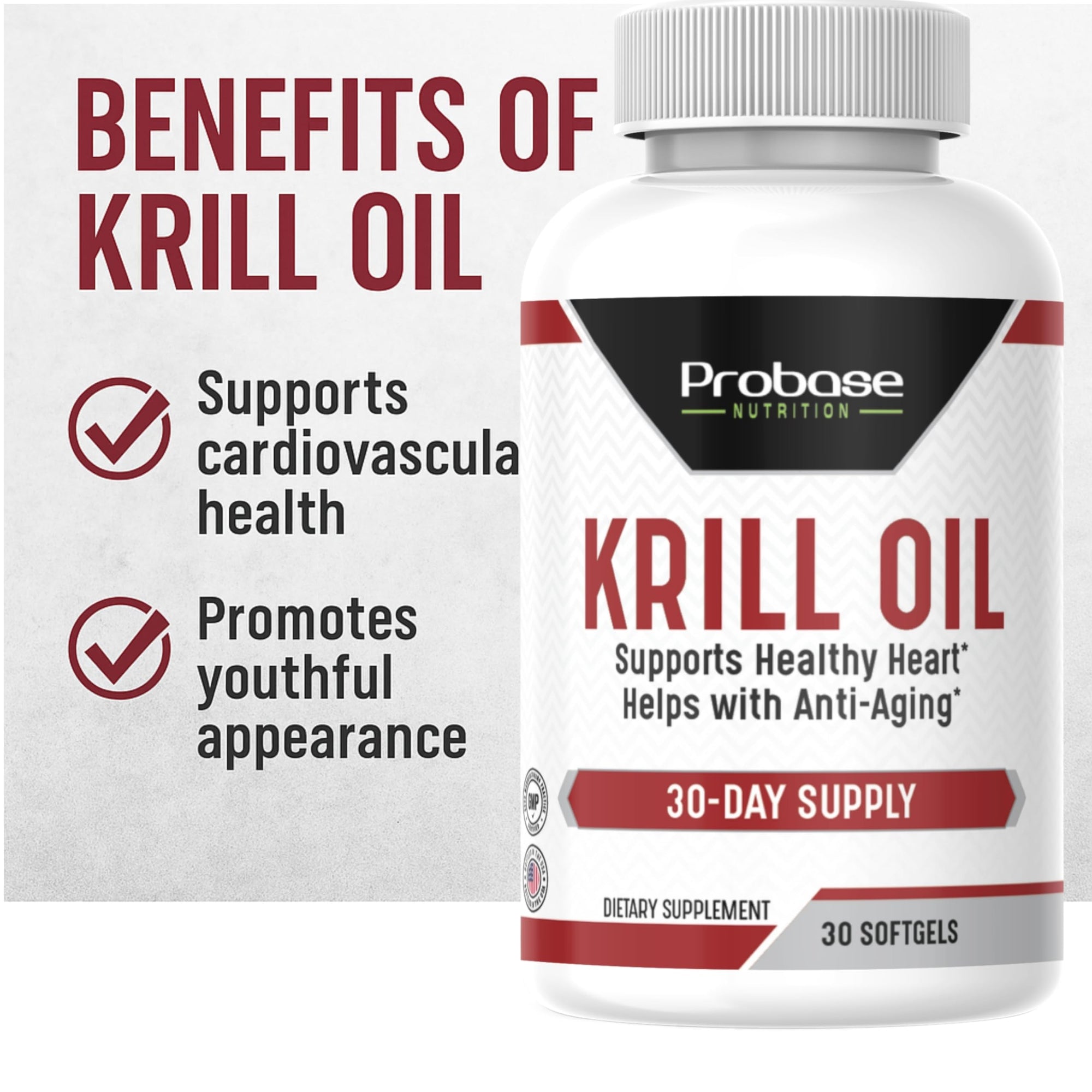 Bottle of Probase Nutrition Krill Oil supplement with benefits listed on a white background