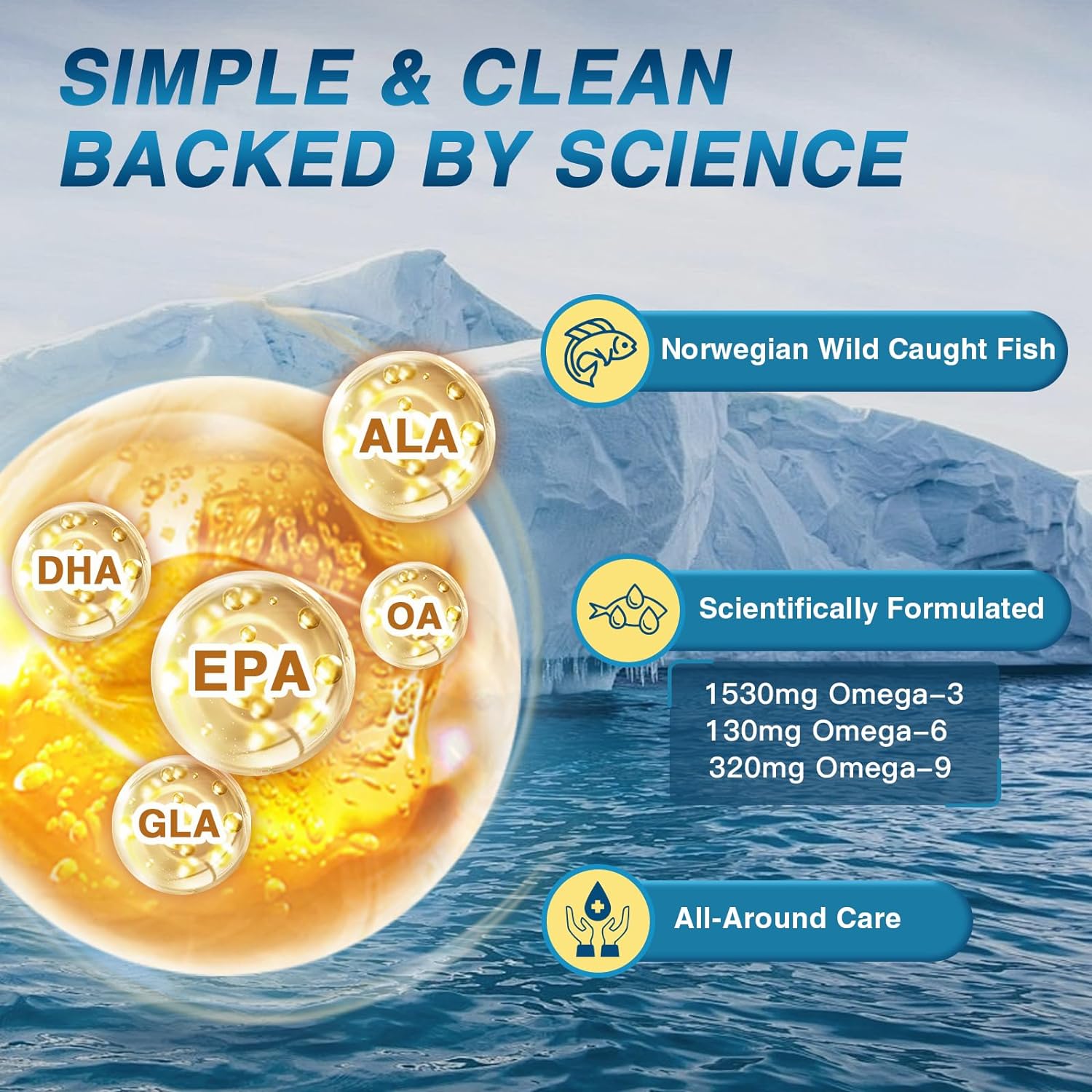 Fish oil supplement with Norwegian wild caught fish and scientific details on a mountain and water background.