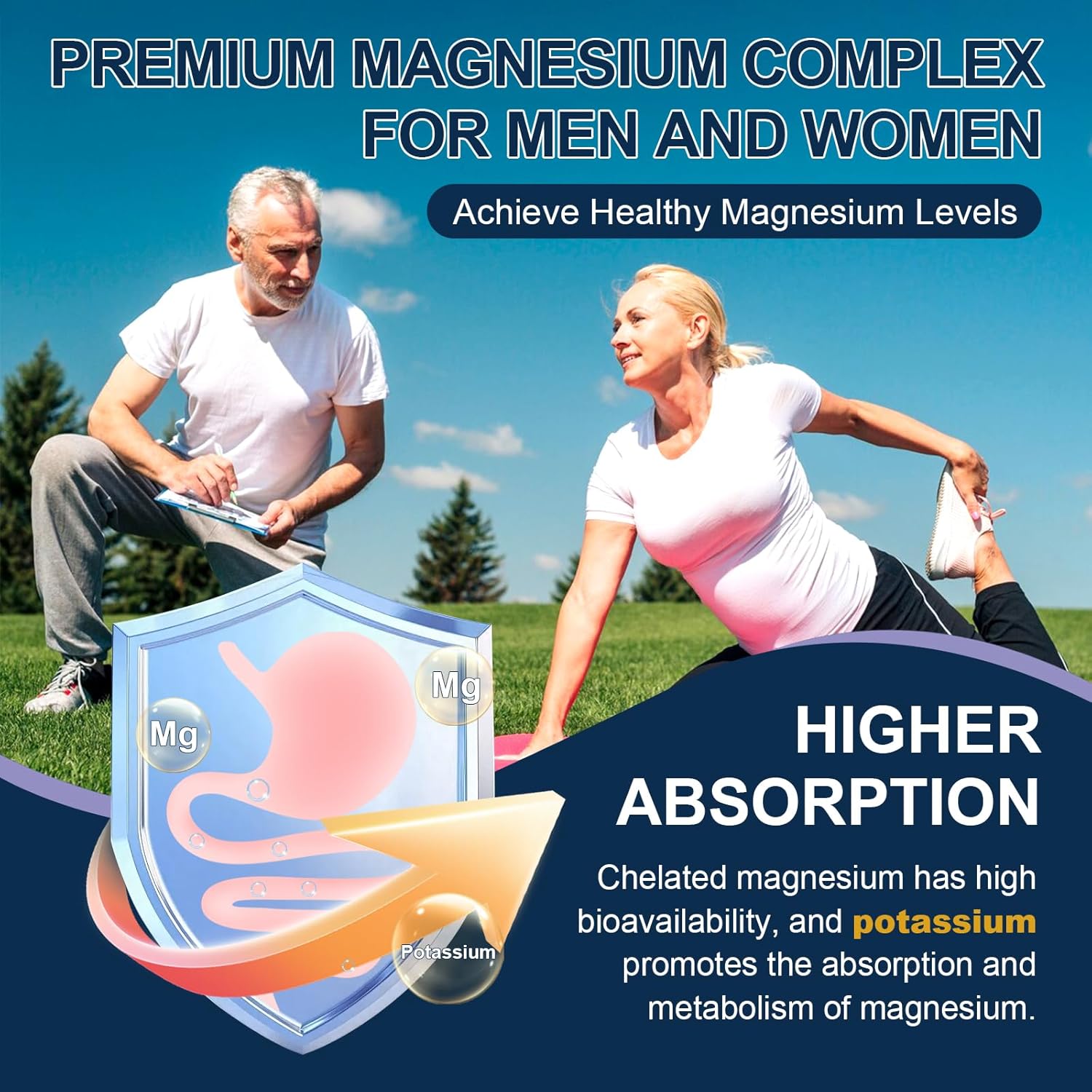 Advertisement for a premium magnesium complex for men and women with a man and woman exercising outdoors.