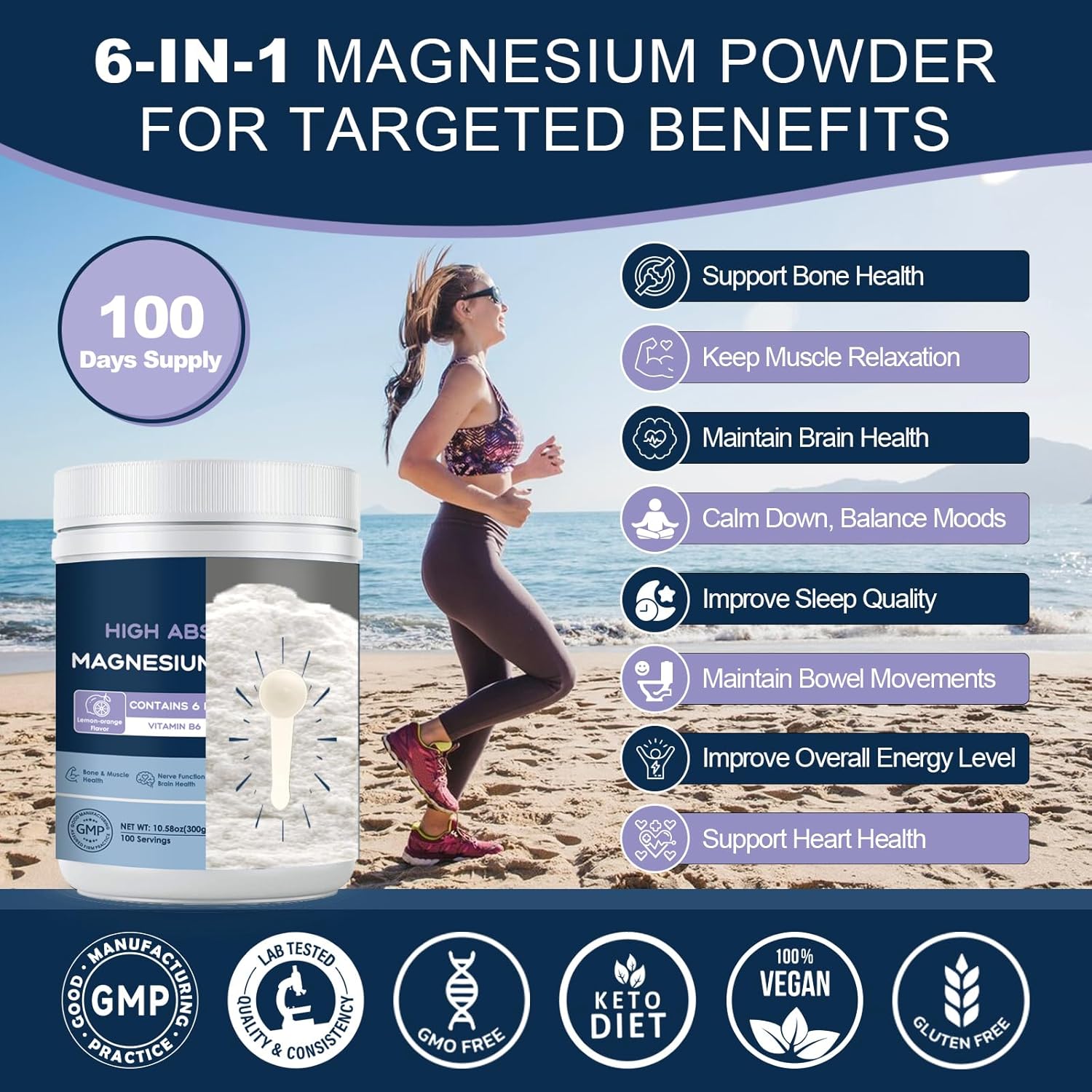 Magnesium powder container with a woman running on a beach, featuring product benefits and certifications.
