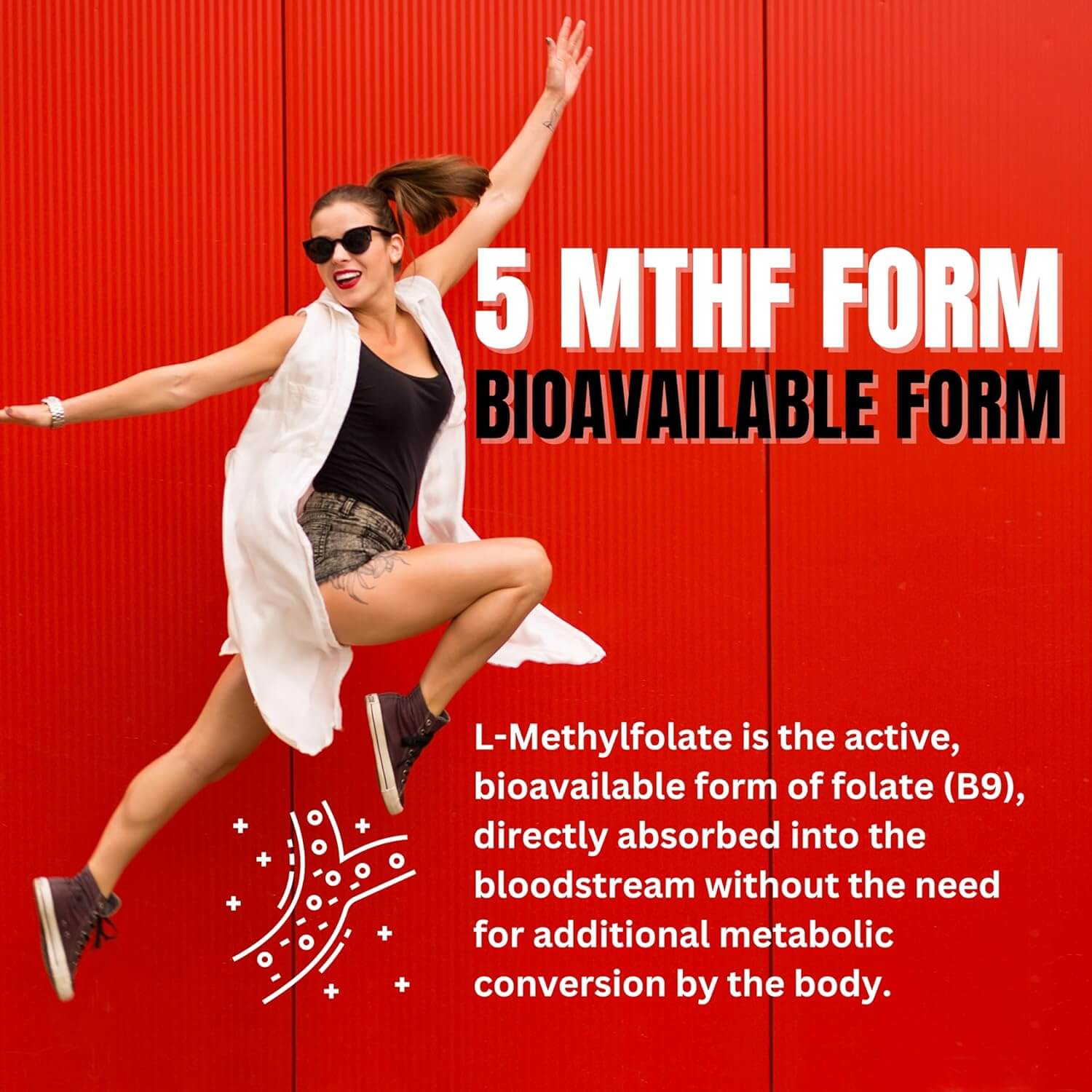 Woman jumping joyfully against a red background with text about 5 MTHF form bioavailable form.