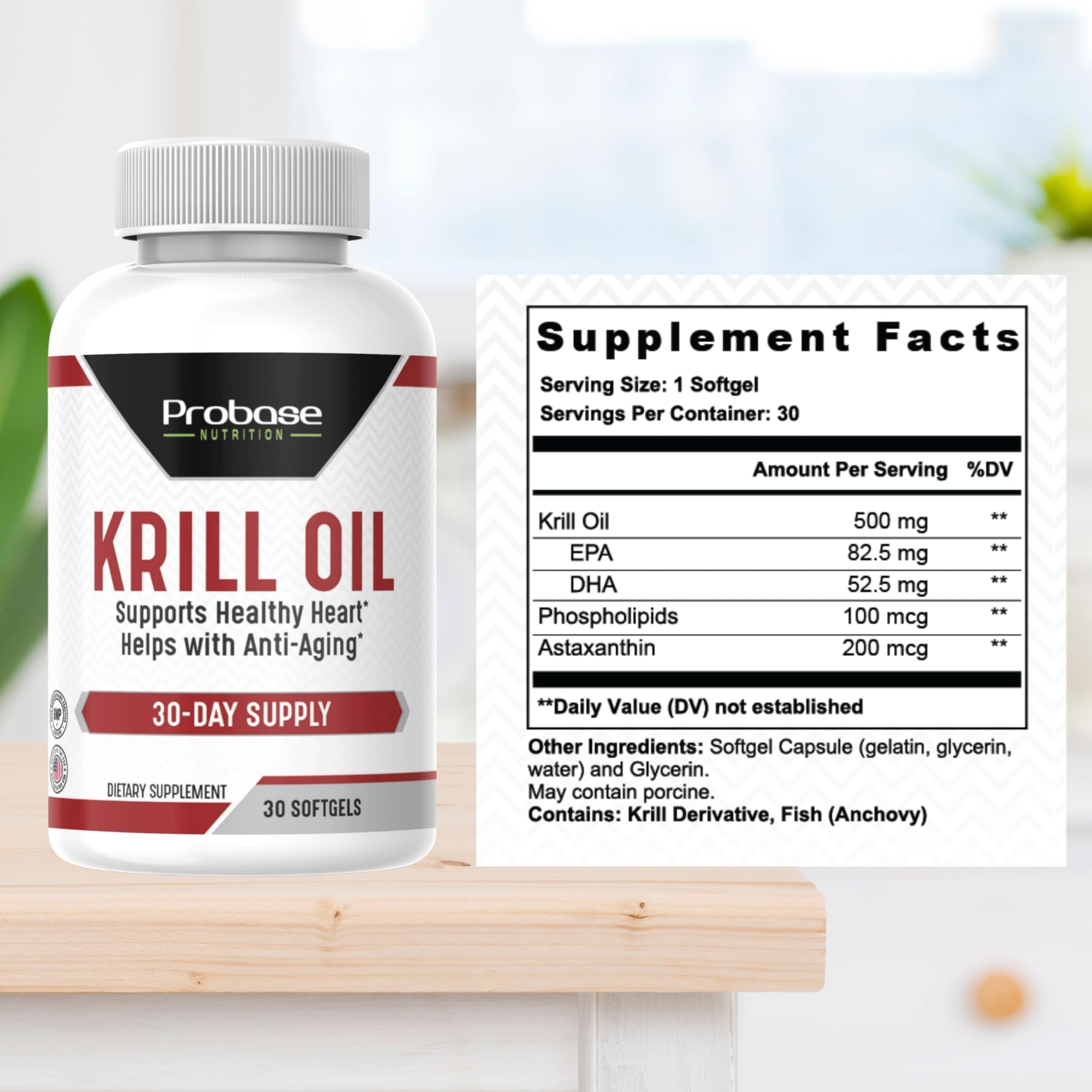 Krill oil supplement bottle with label and supplement facts on a white background