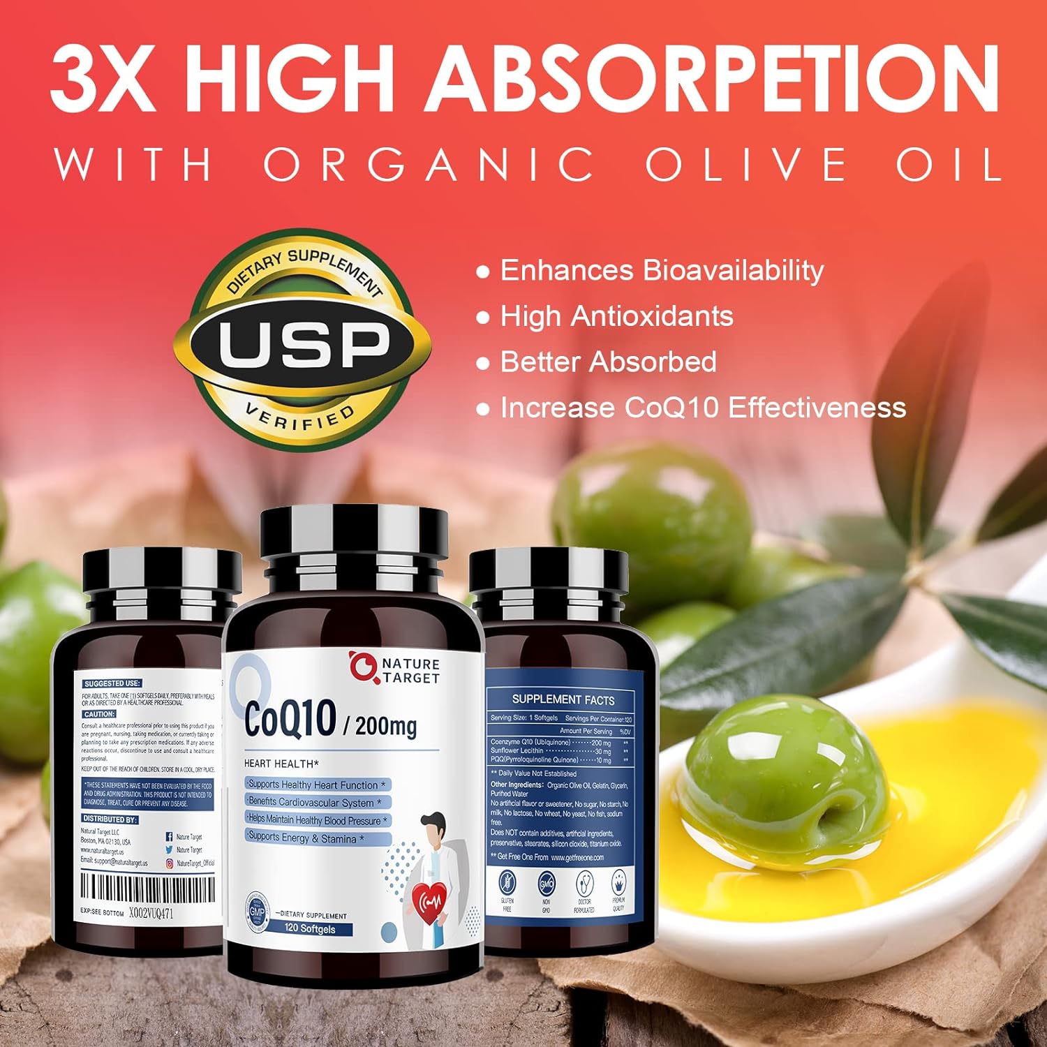 CoQ10 supplement bottles with olive oil and olive leaves on a wooden surface