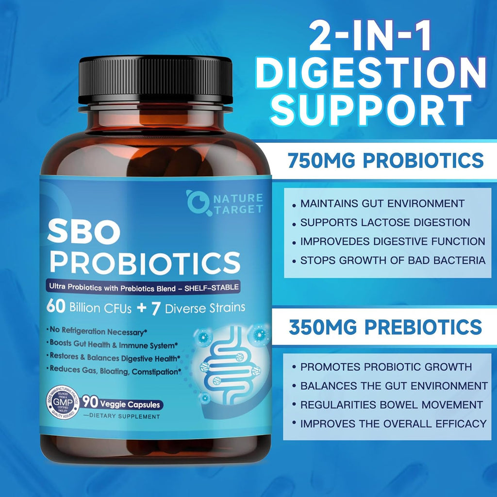 Probiotic supplement bottle with label on a blue background