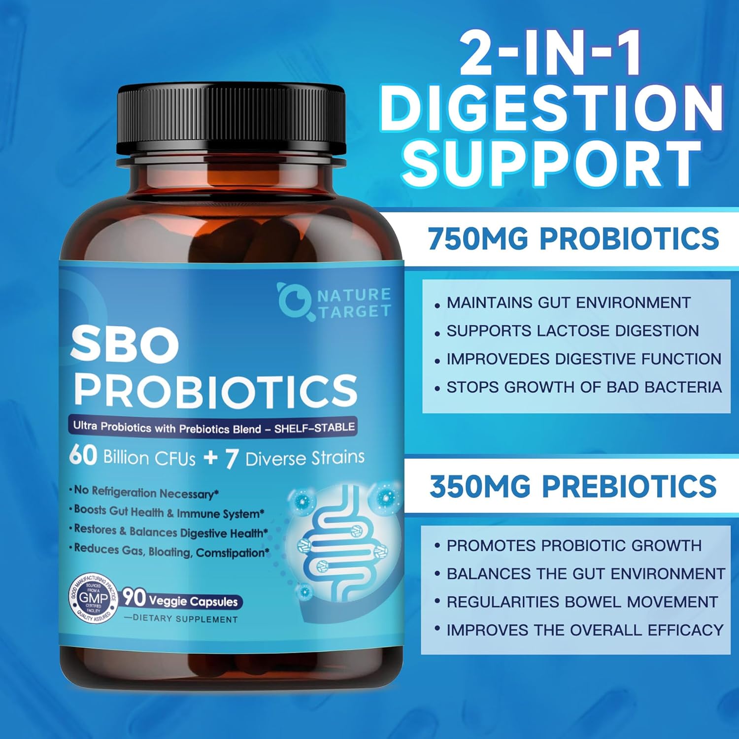 Probiotic supplement bottle with label on a blue background