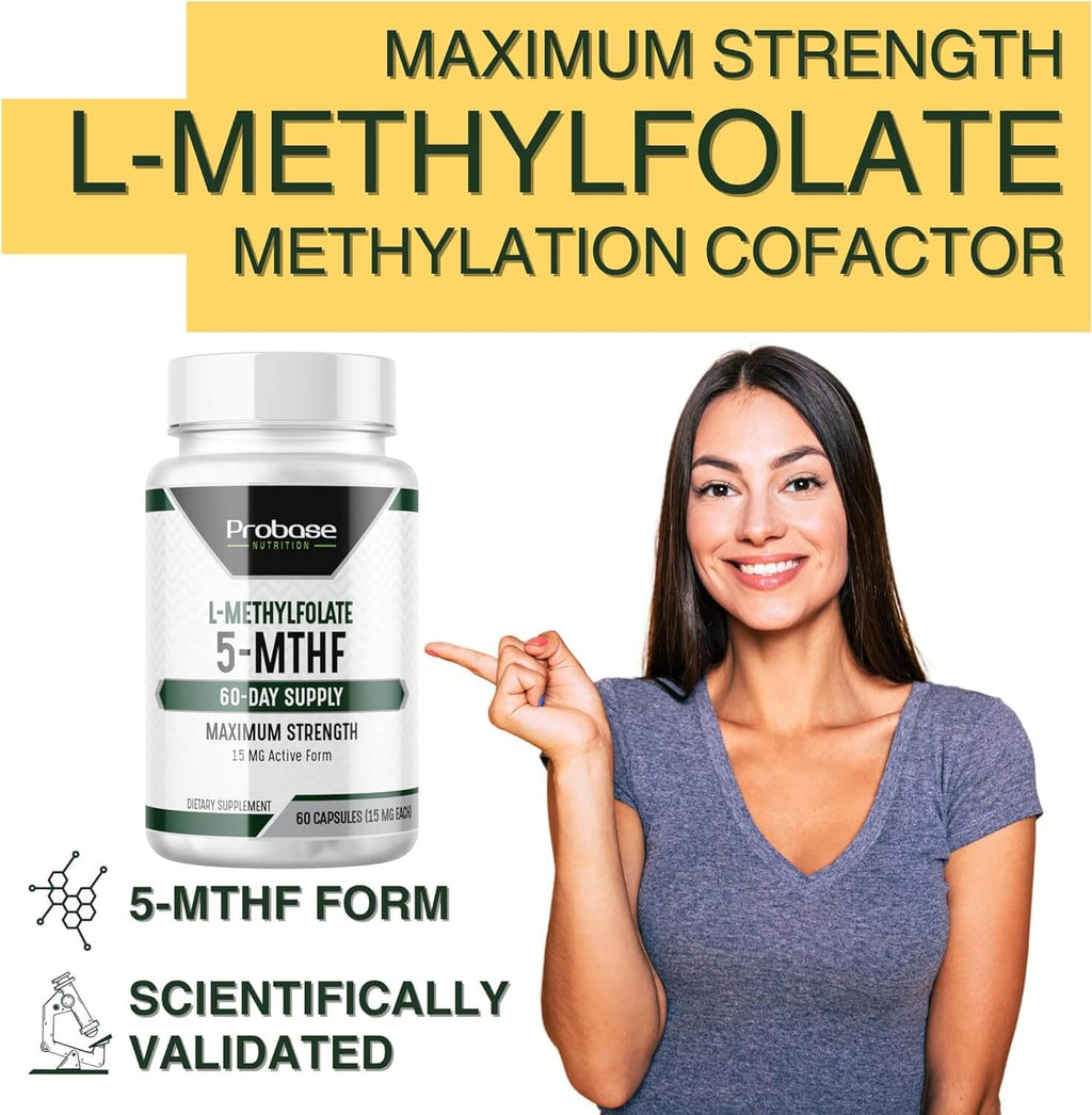 Woman pointing to a bottle of Probone L-Methylfolate supplement with promotional text on a white background.