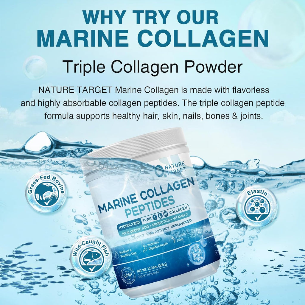 Marine collagen powder packaging with water droplets and text on a blue background