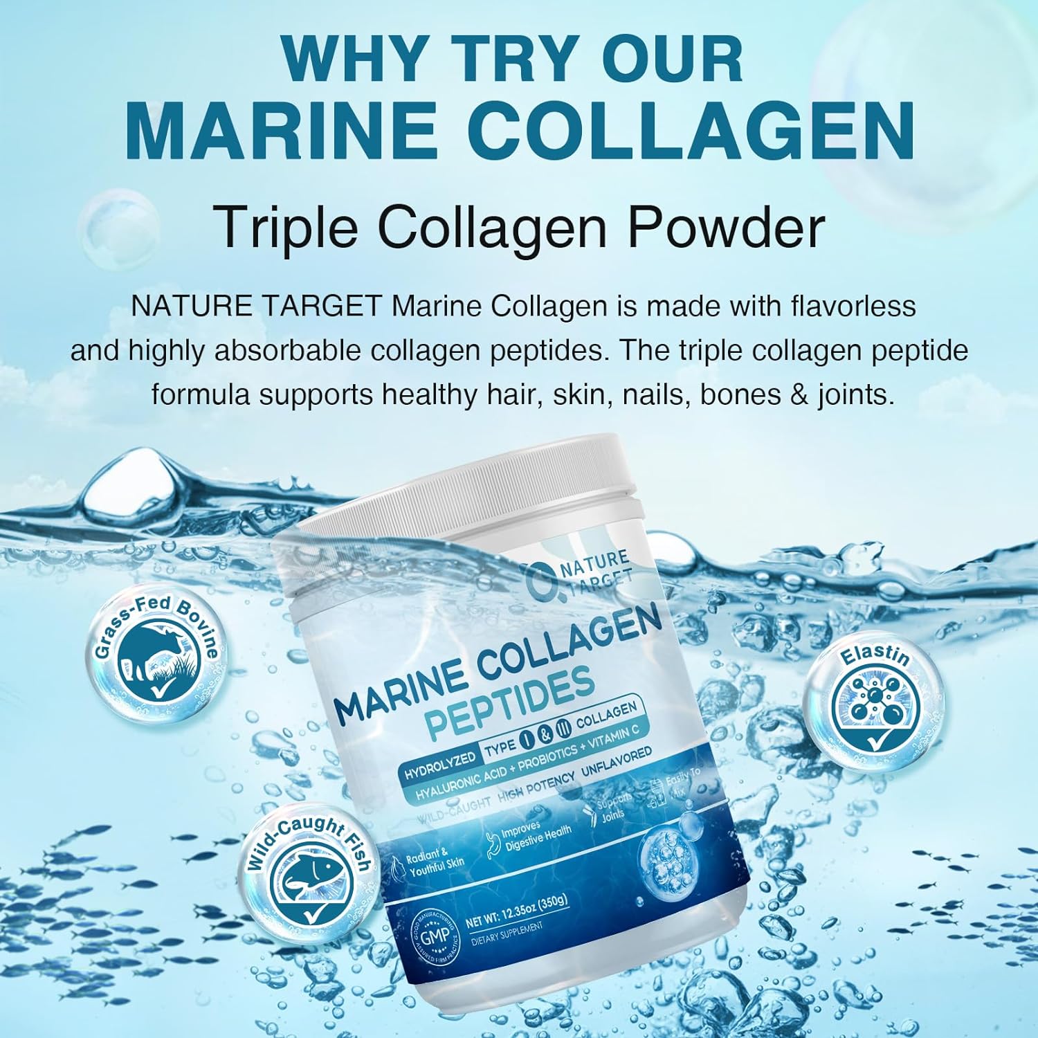 Marine collagen powder packaging with water droplets and text on a blue background