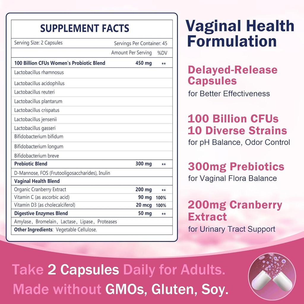 Vaginal health supplement label with details on ingredients and benefits.
