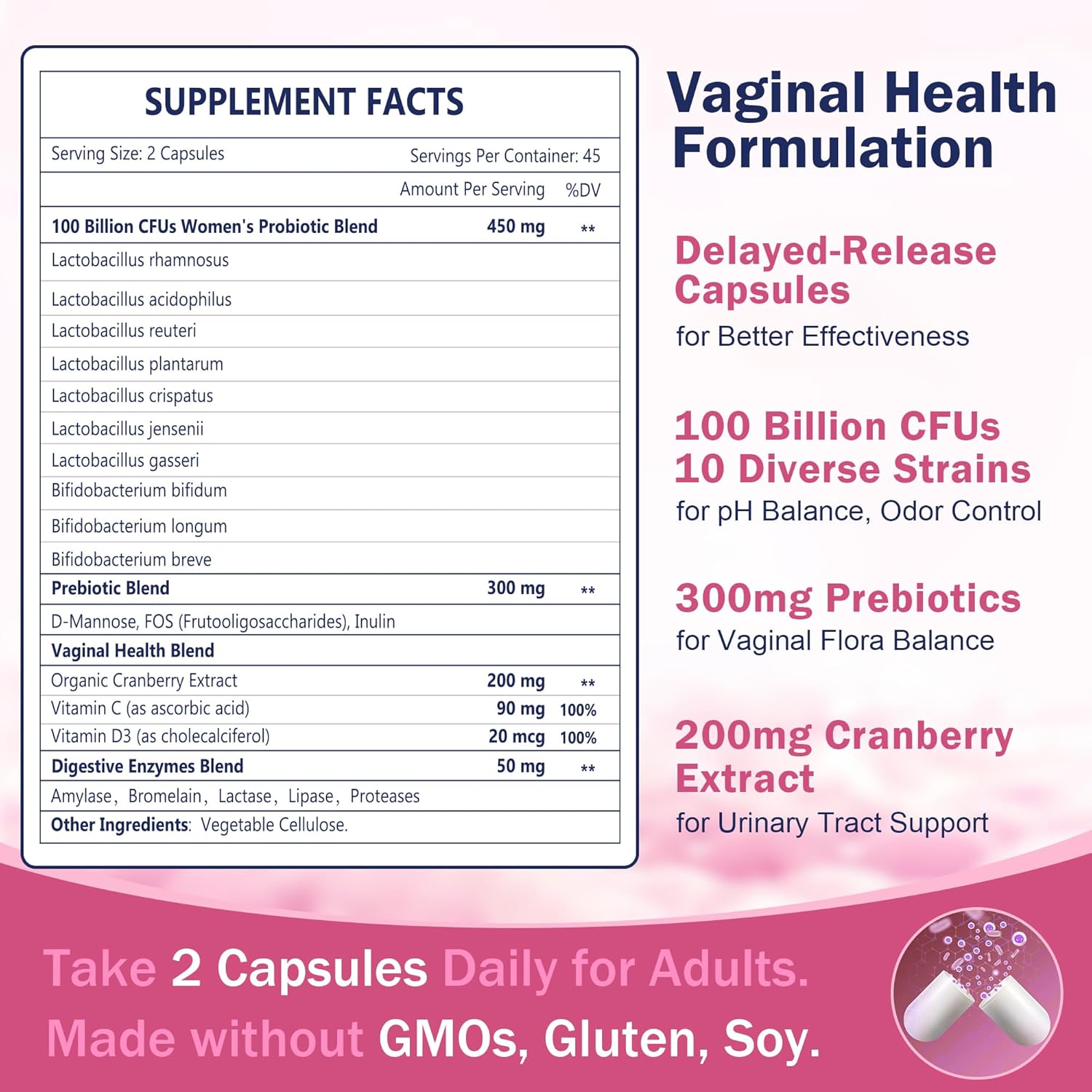 Vaginal health supplement label with details on ingredients and benefits.