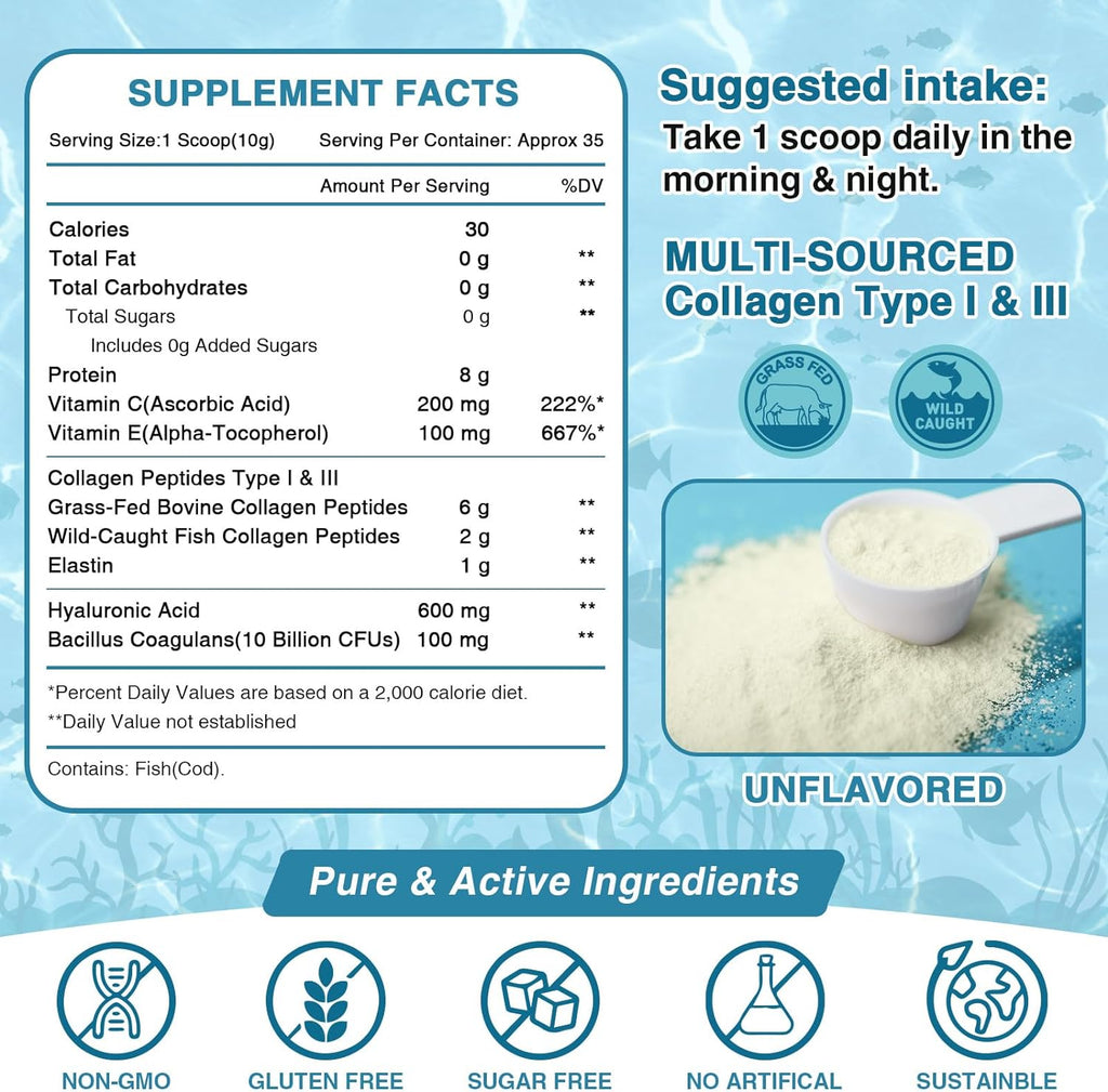 Supplement facts label for a collagen product with blue background and white text.