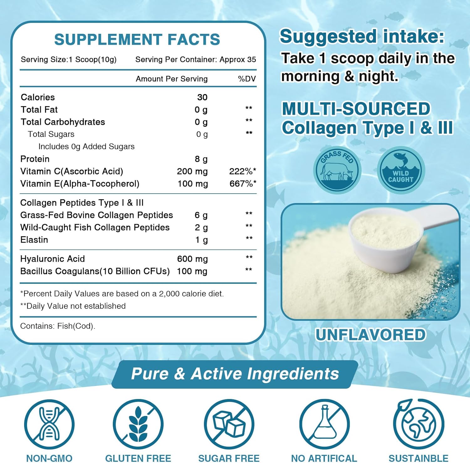 Supplement facts label for a collagen product with blue background and white text.