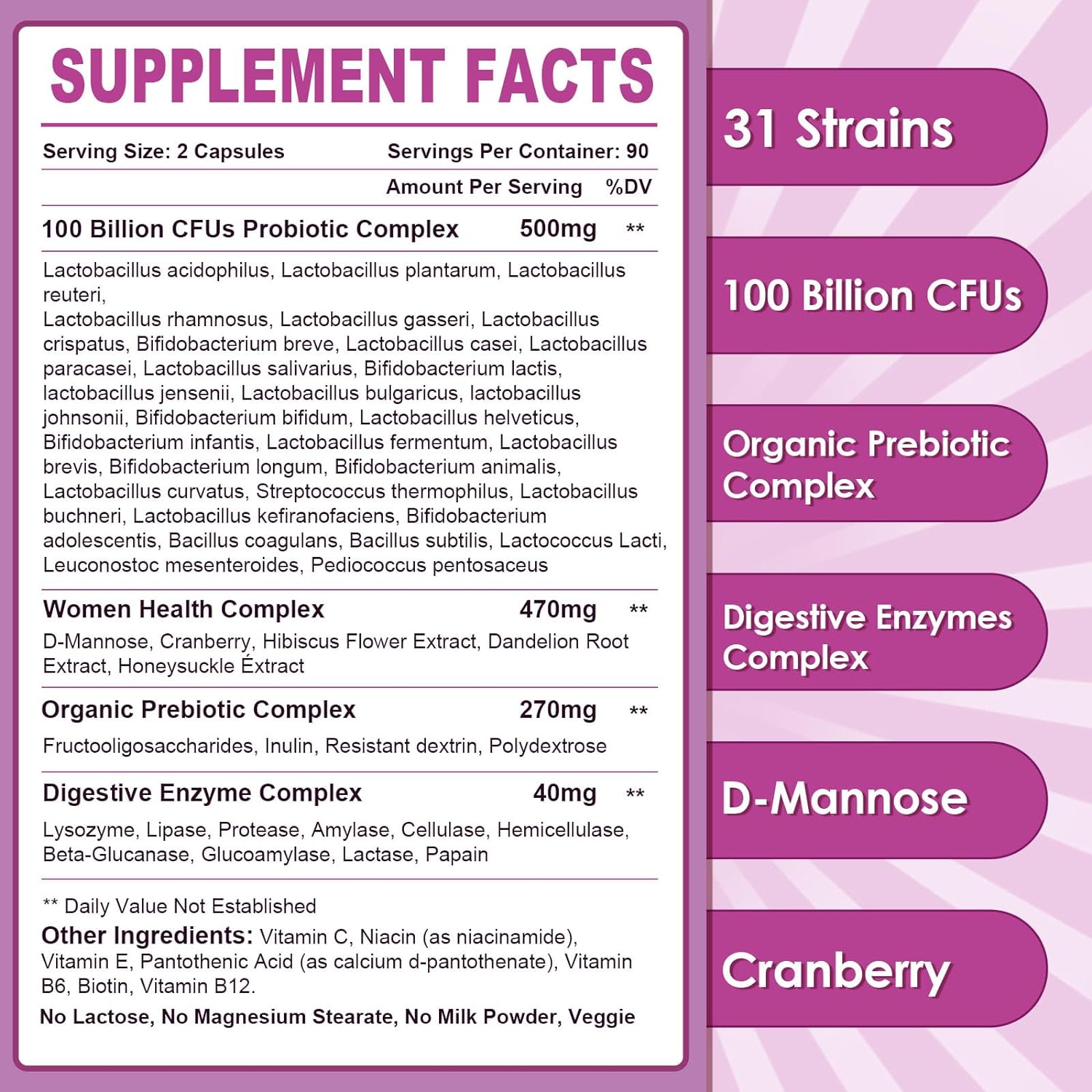 Supplement facts label with various health benefits on a pink and purple striped background