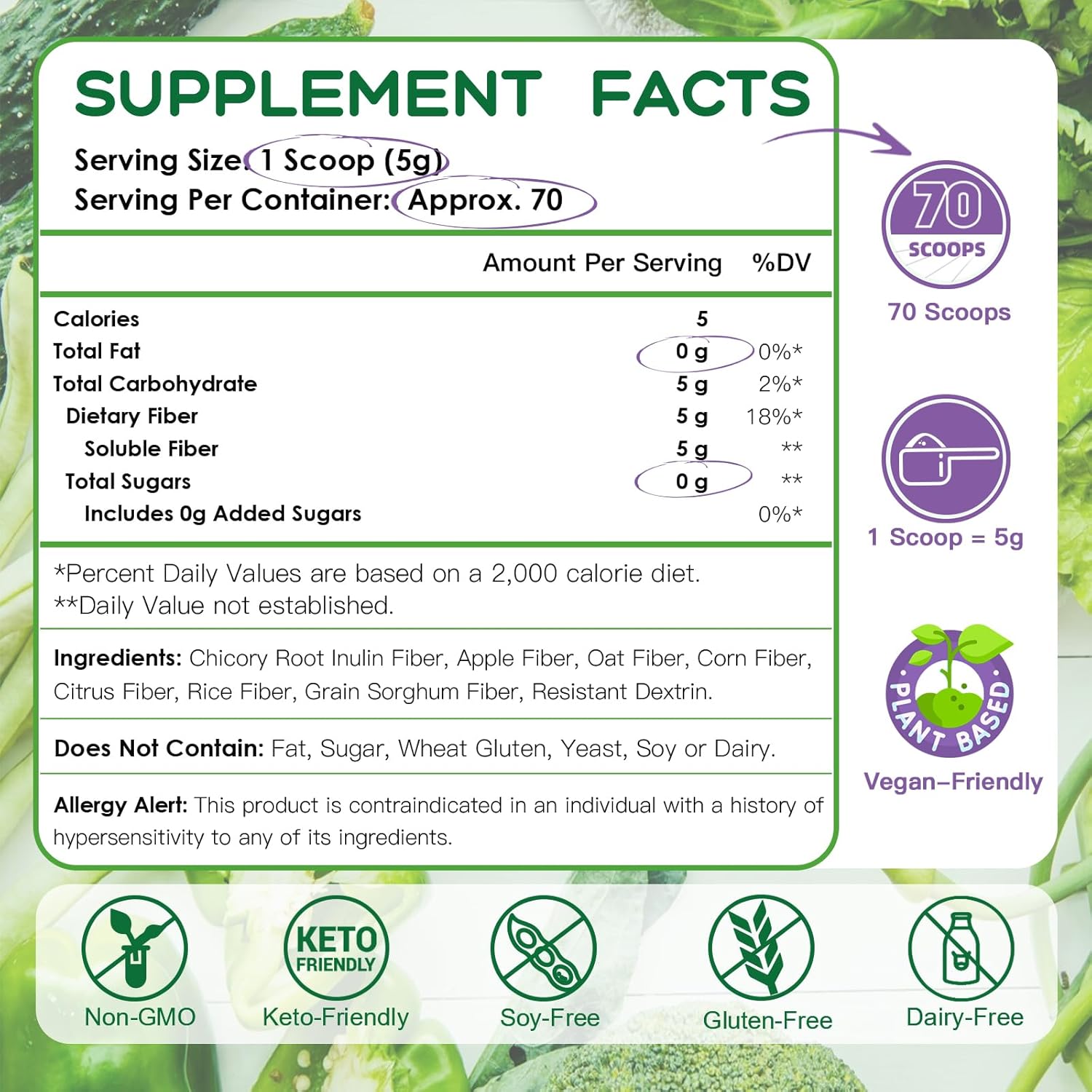 Supplement facts label with green background and text