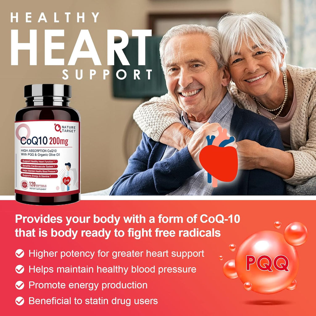Advertisement for CoQ-10 supplement with an elderly couple holding a heart symbol, featuring text about healthy heart support.