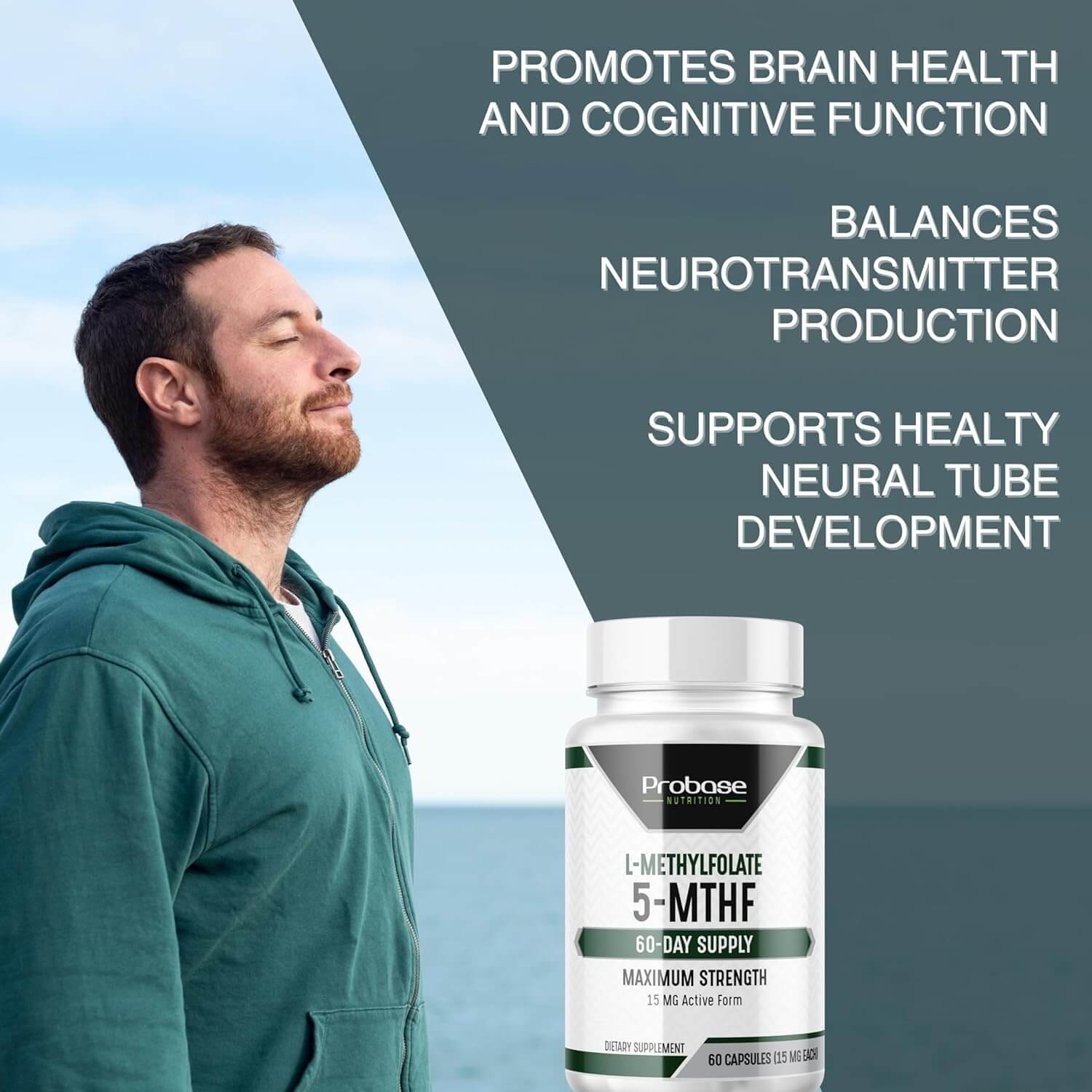 Man standing by a body of water with a supplement bottle labeled 'Probose' and text about brain health and cognitive function.