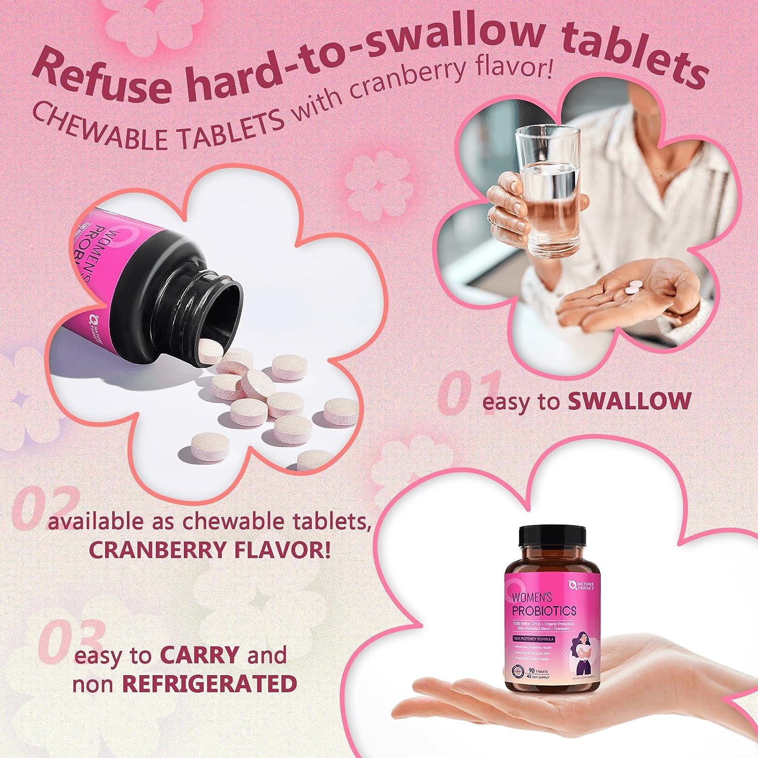 Promotional graphic for chewable probiotic tablets with cranberry flavor, showing packaging, pills, and a person taking the tablets.