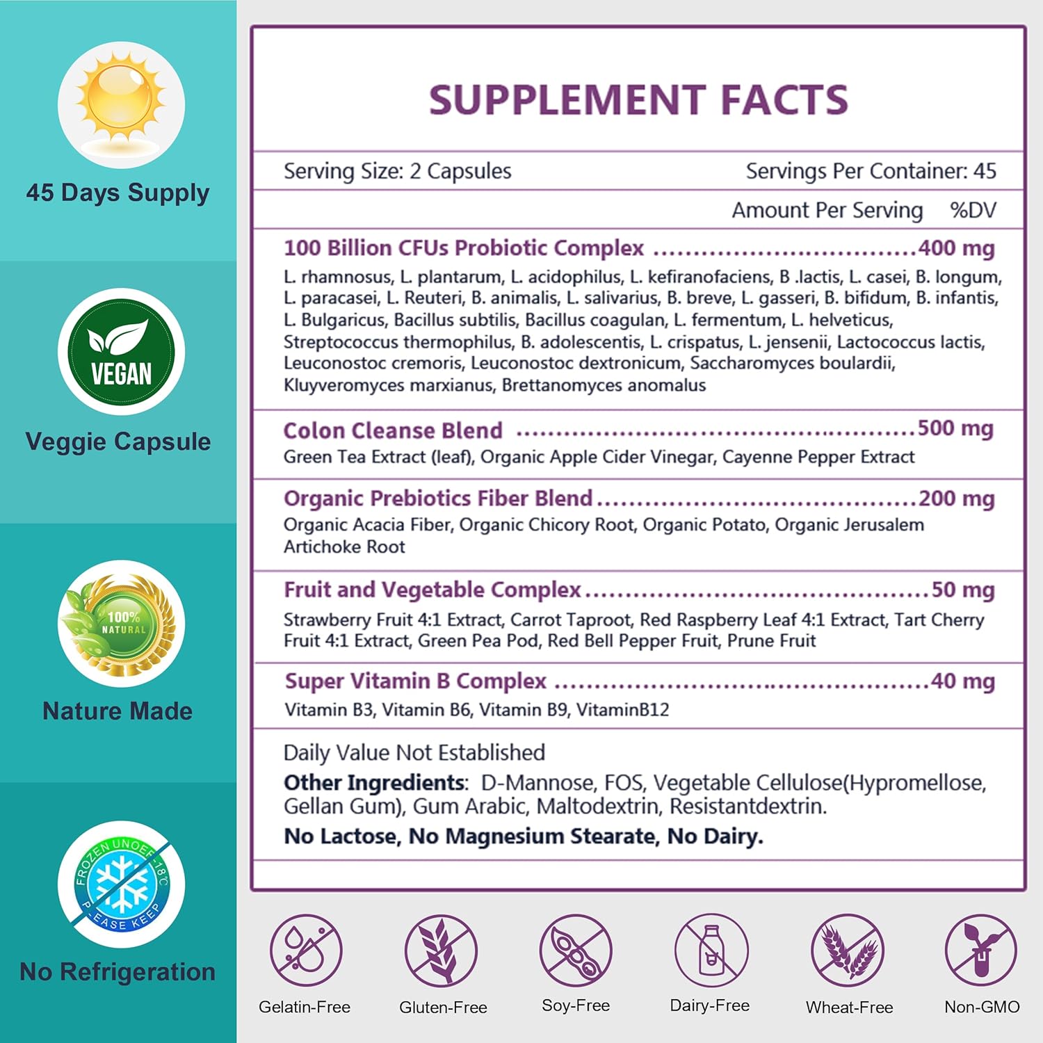 Supplement facts label with various health benefits and ingredients listed on a teal and purple background.