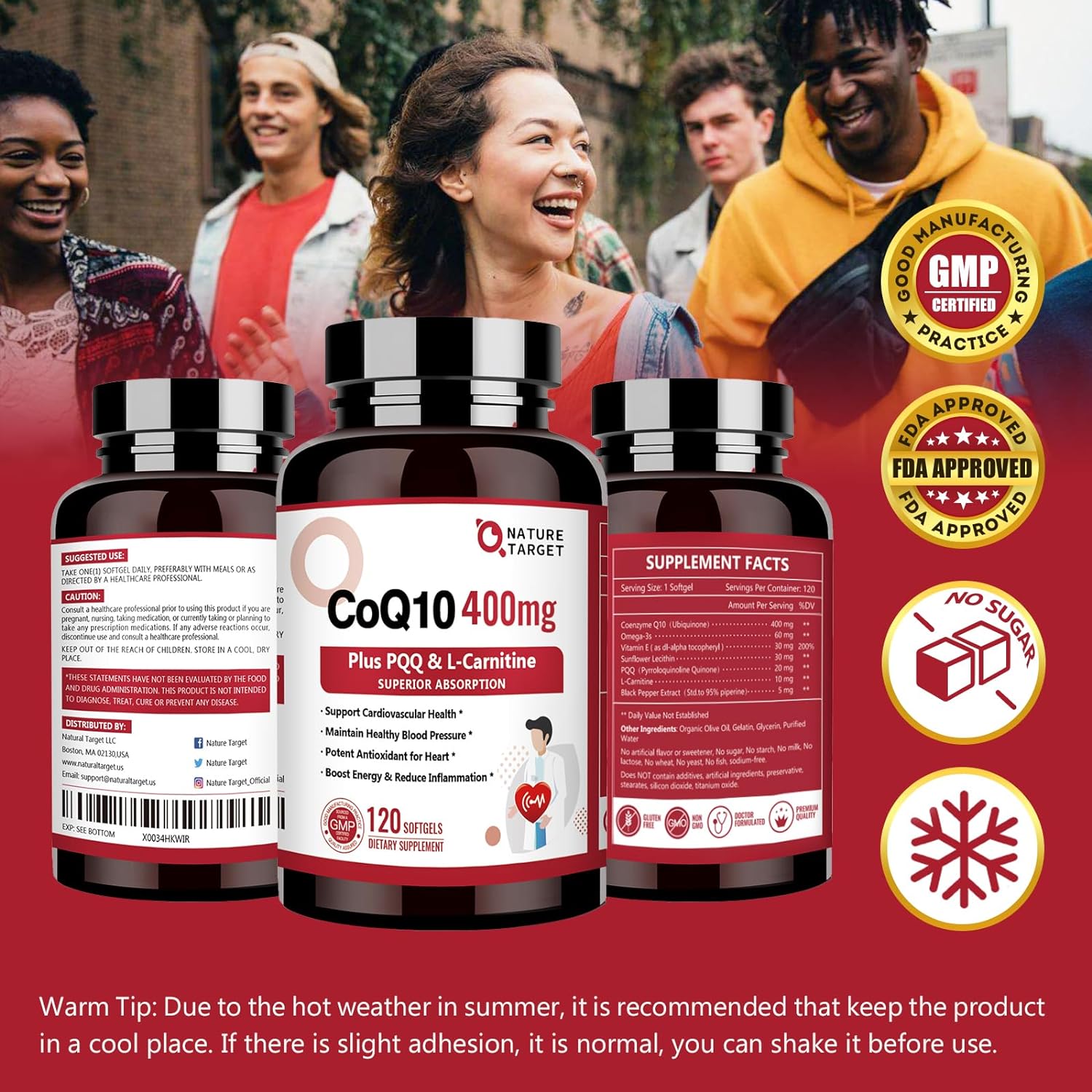 Supplement bottles with a group of people in the background on a red background
