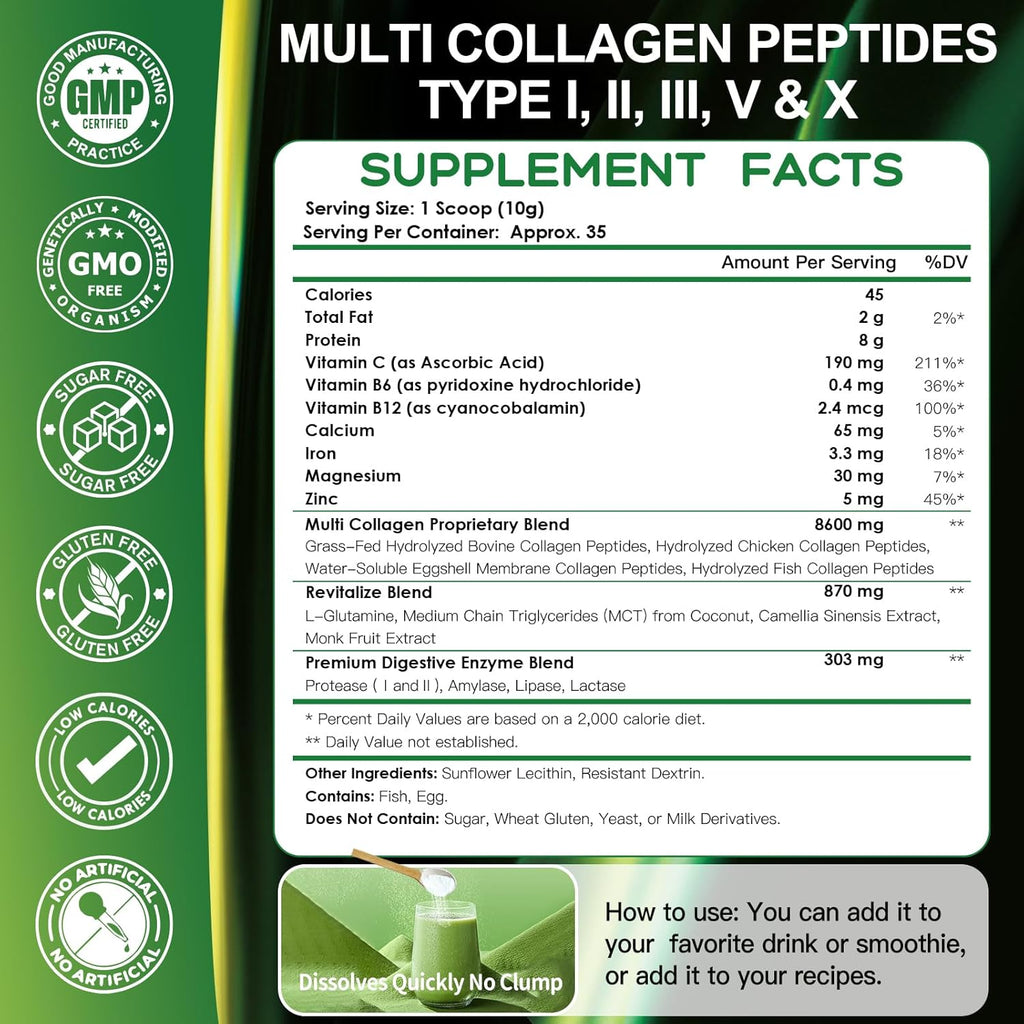Supplement label for Multi Collagen Peptides with serving size, ingredients, and nutritional information.