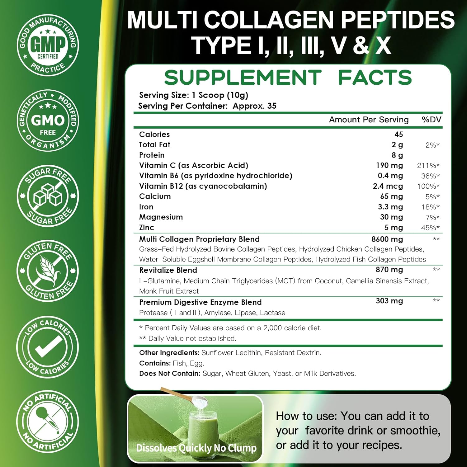 Supplement label for Multi Collagen Peptides with serving size, ingredients, and nutritional information.