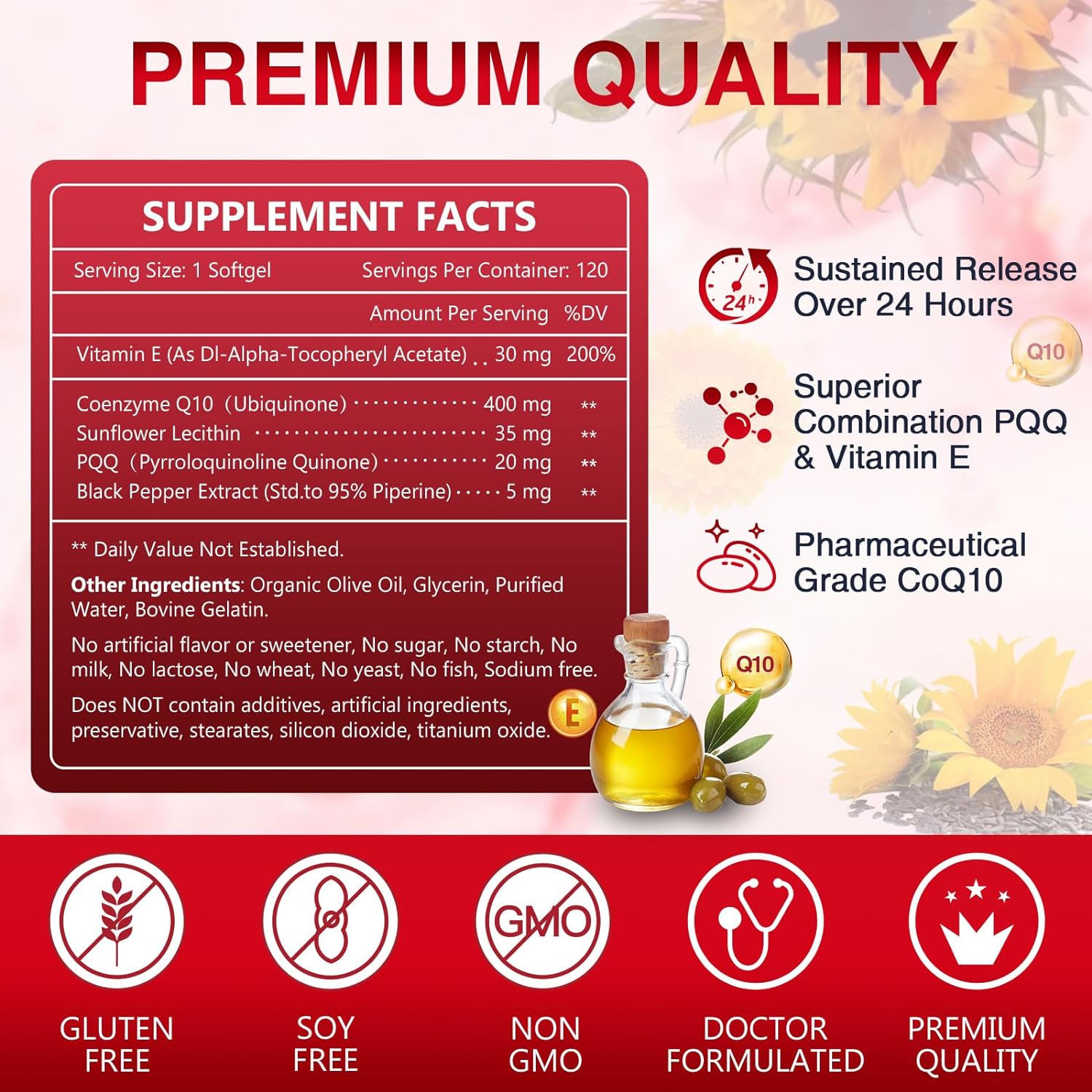 Supplement facts label with CoQ10 product on a red background