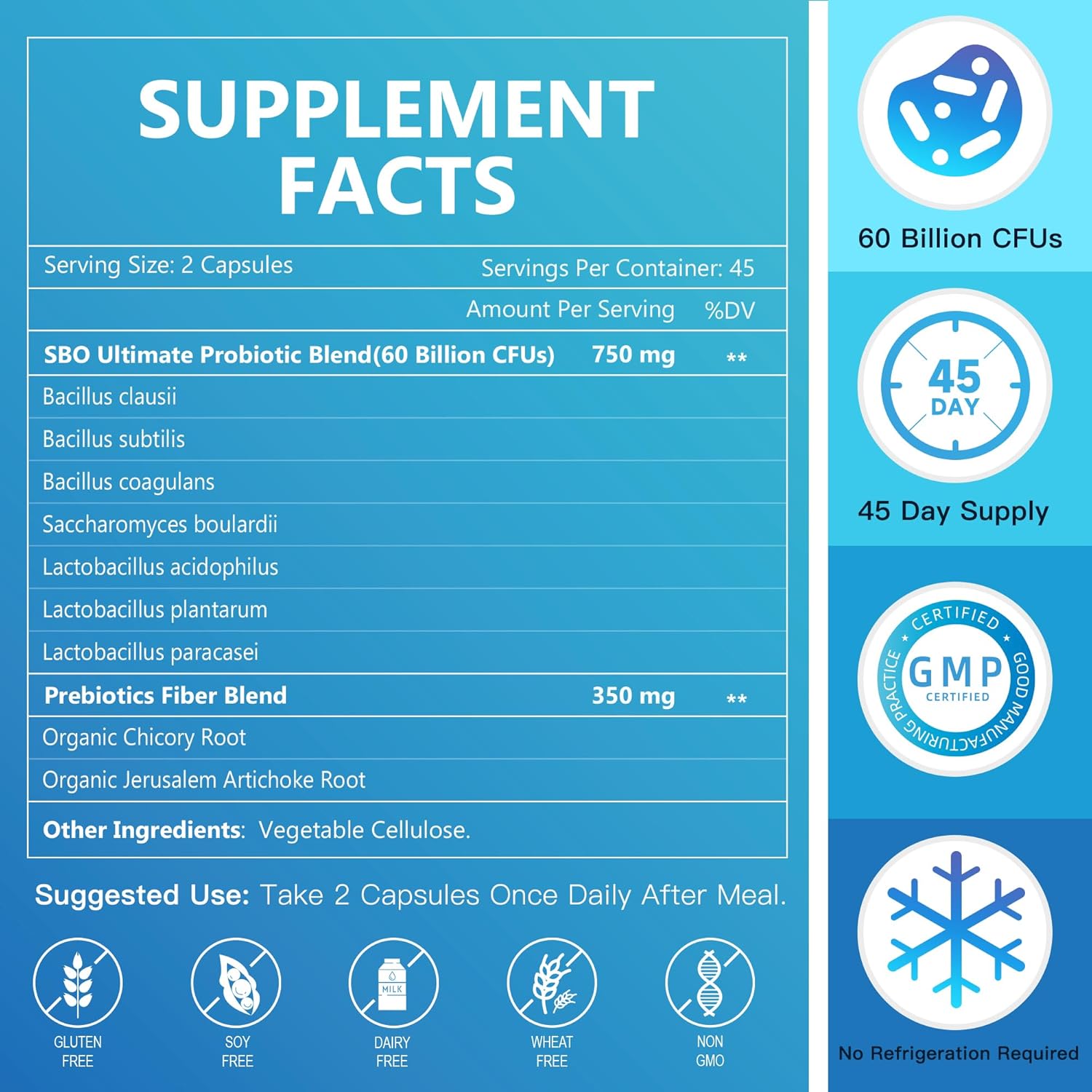 Supplement facts label with GMP certification on a blue background