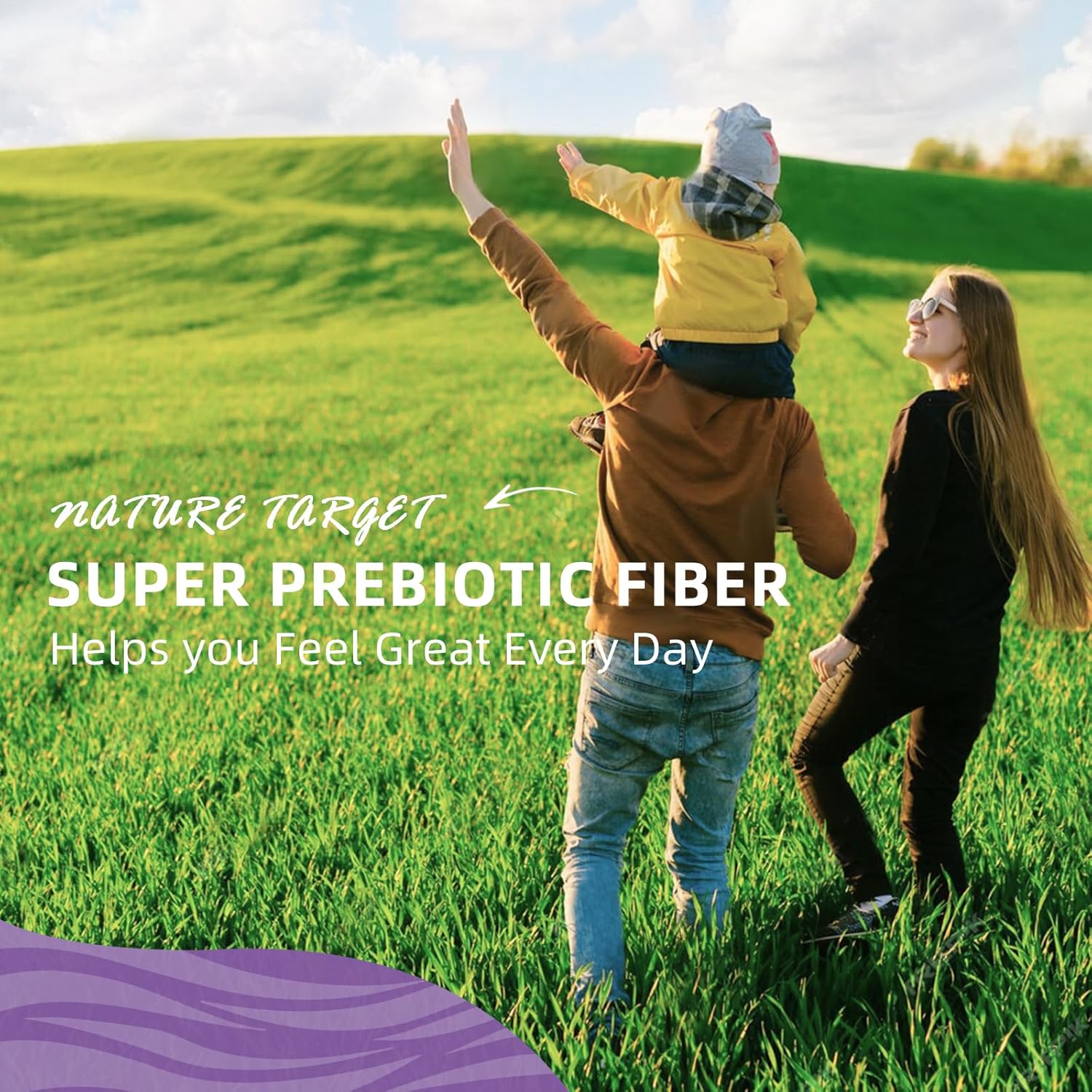 Family standing in a grassy field with promotional text for Nature Target Super Prebiotic Fiber.