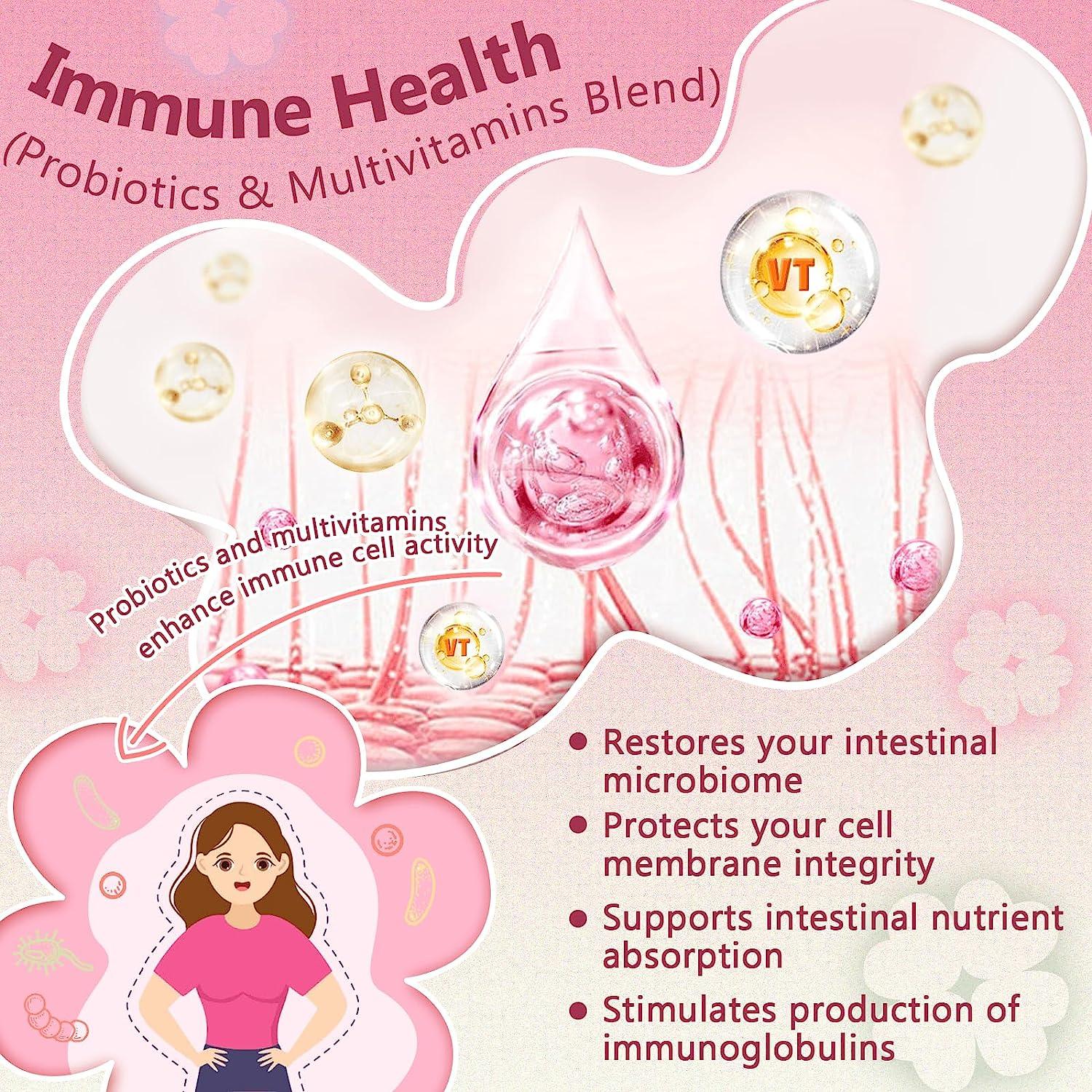 Illustration of immune health benefits with probiotics and multivitamins on a pink background