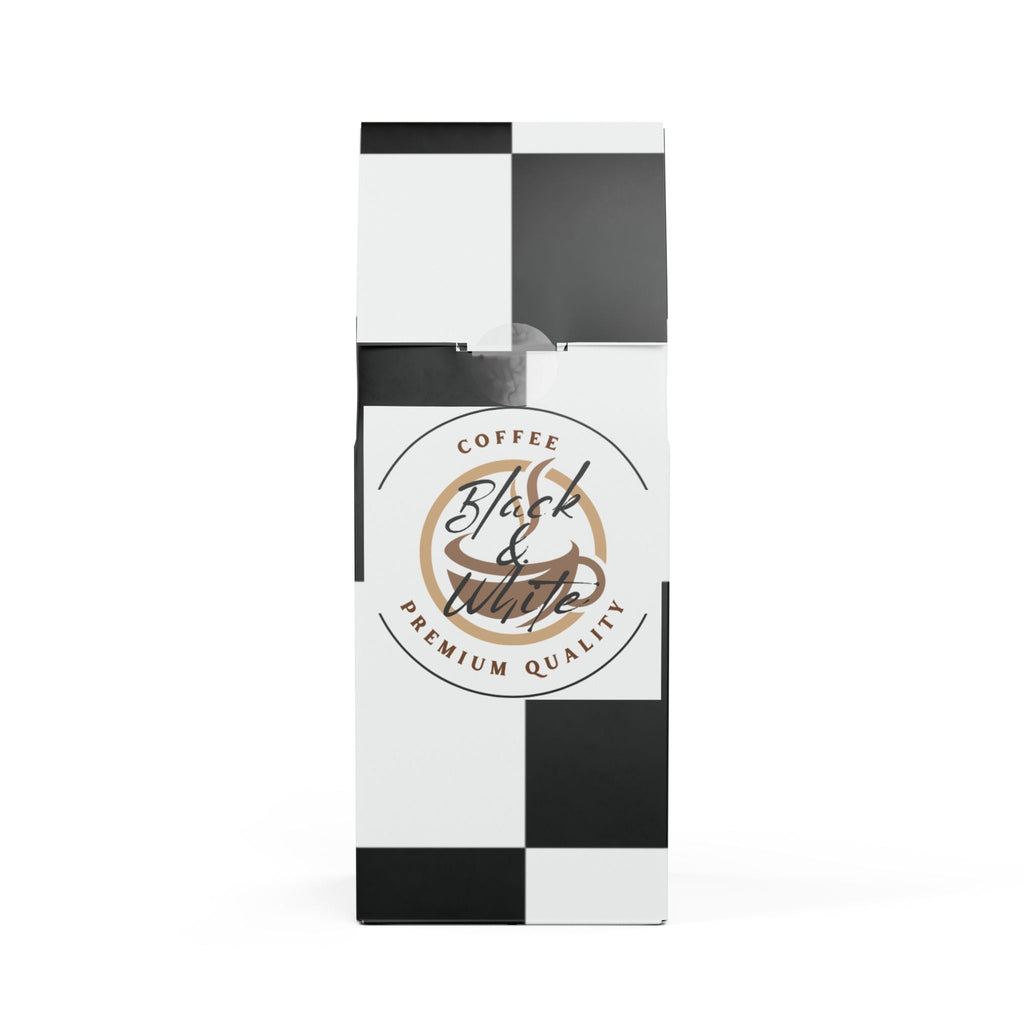 Black and white coffee packaging with a logo on a white background