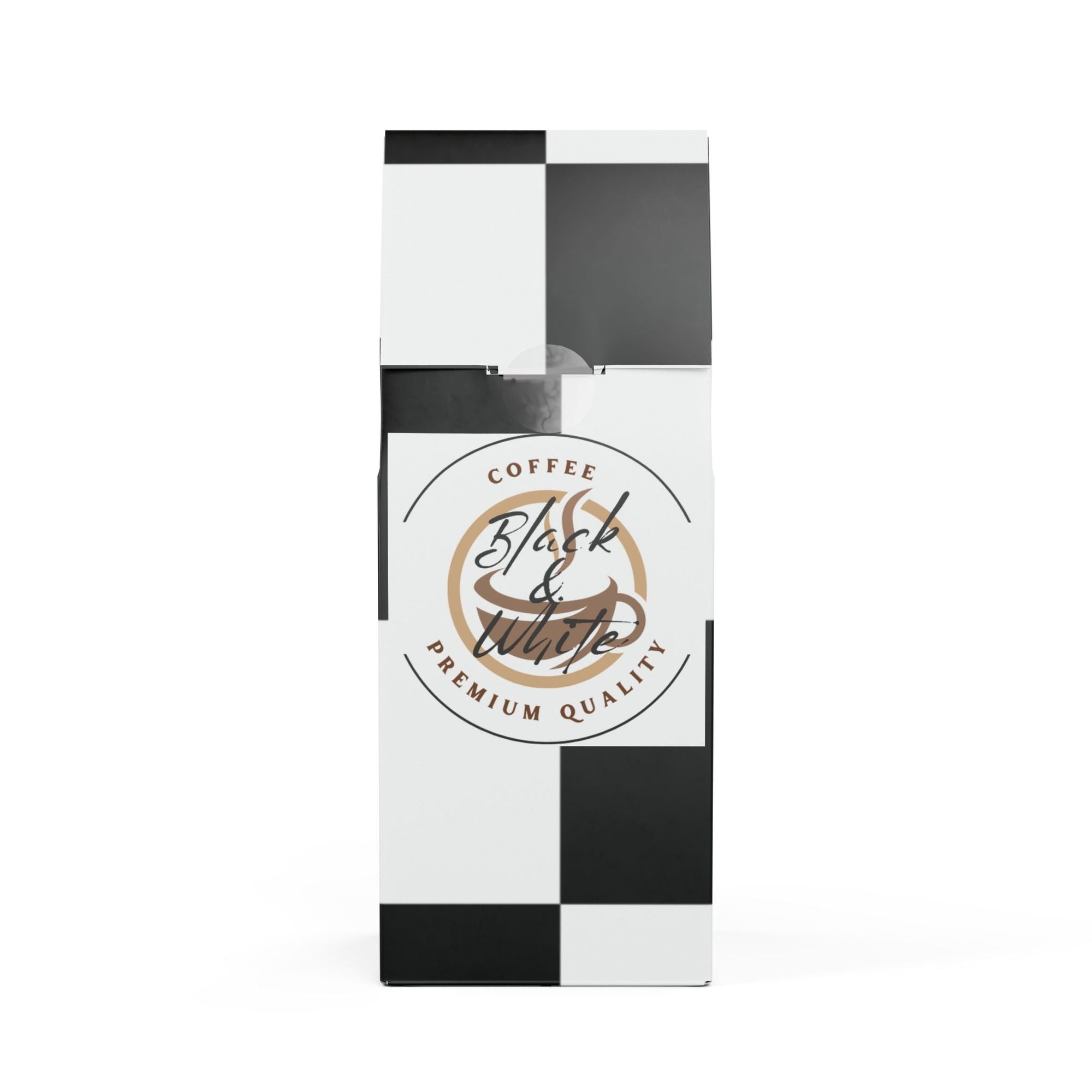 Black and white coffee packaging with a logo on a white background