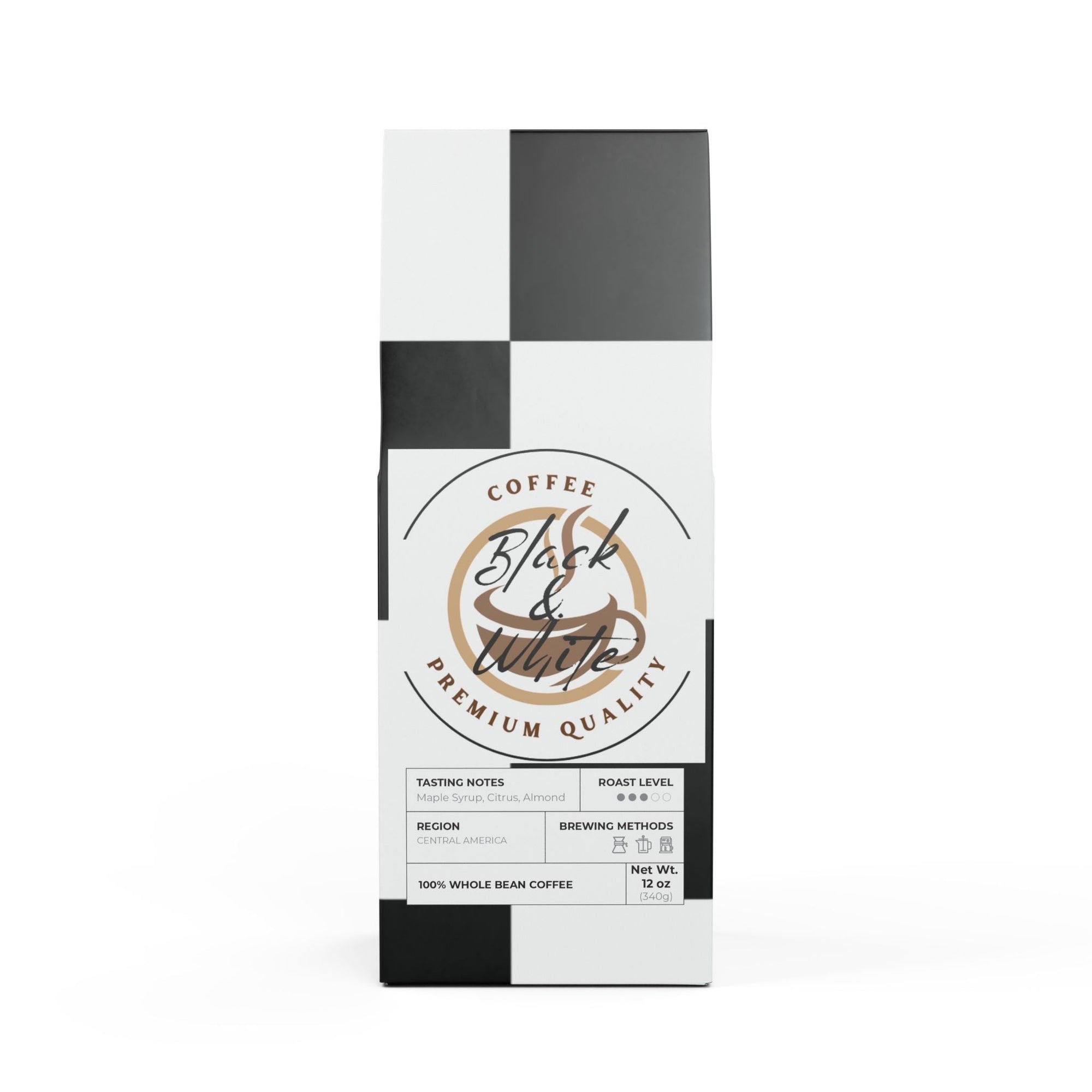 Coffee packaging with 'Black & White' branding on a white background