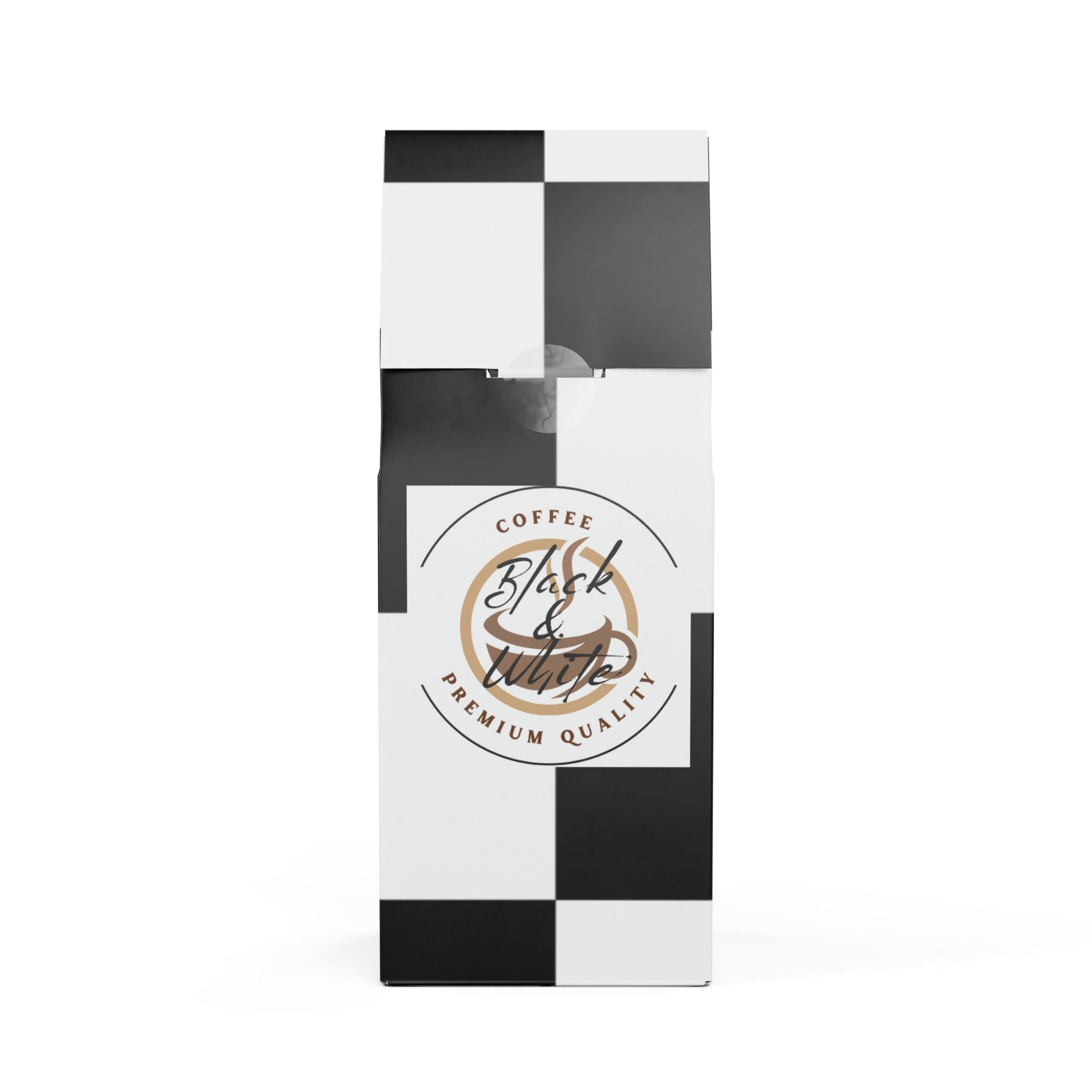 Black and white checkered coffee packaging with 'Black & White Coffee' branding.