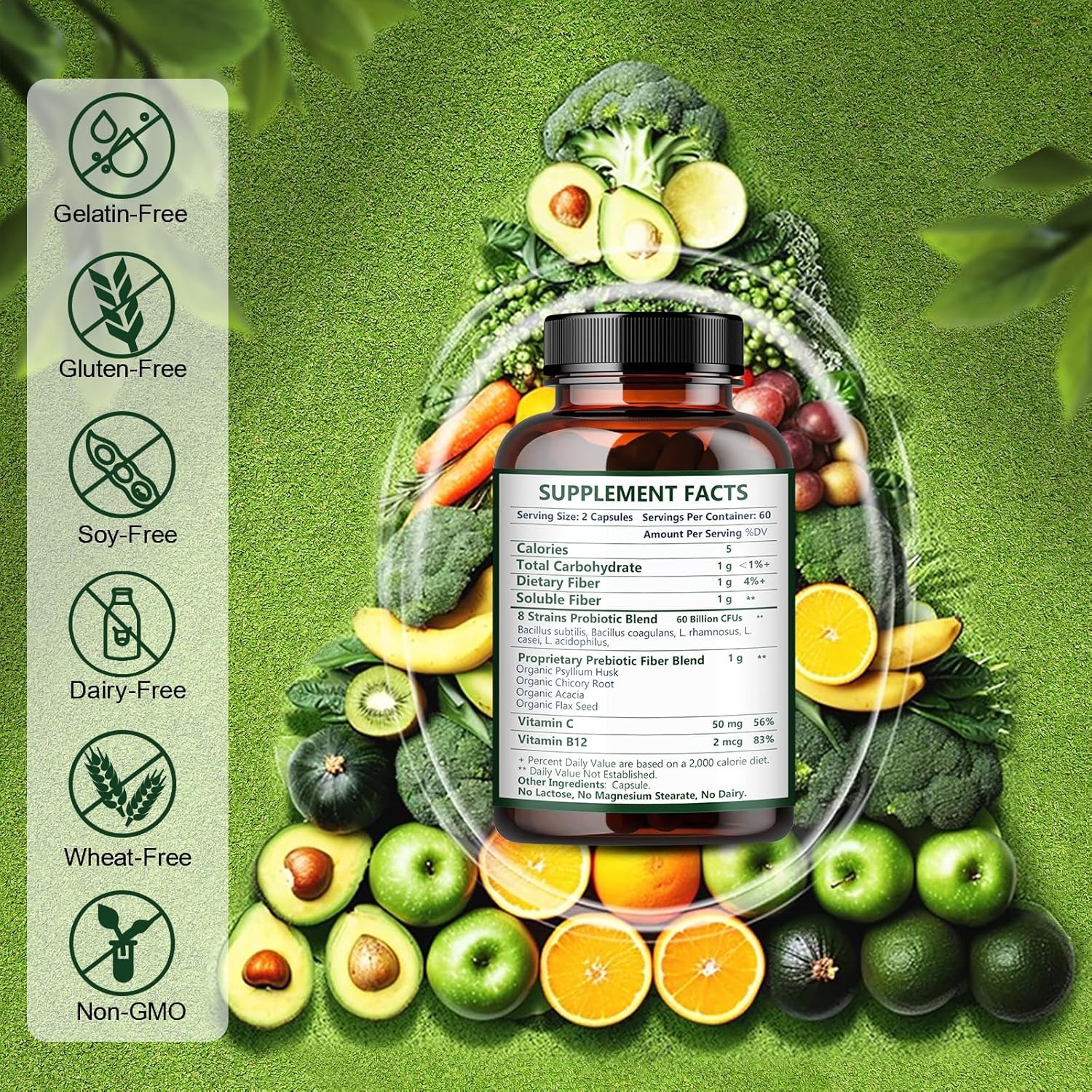 Supplement bottle surrounded by fruits and vegetables on a green background with free-from icons.