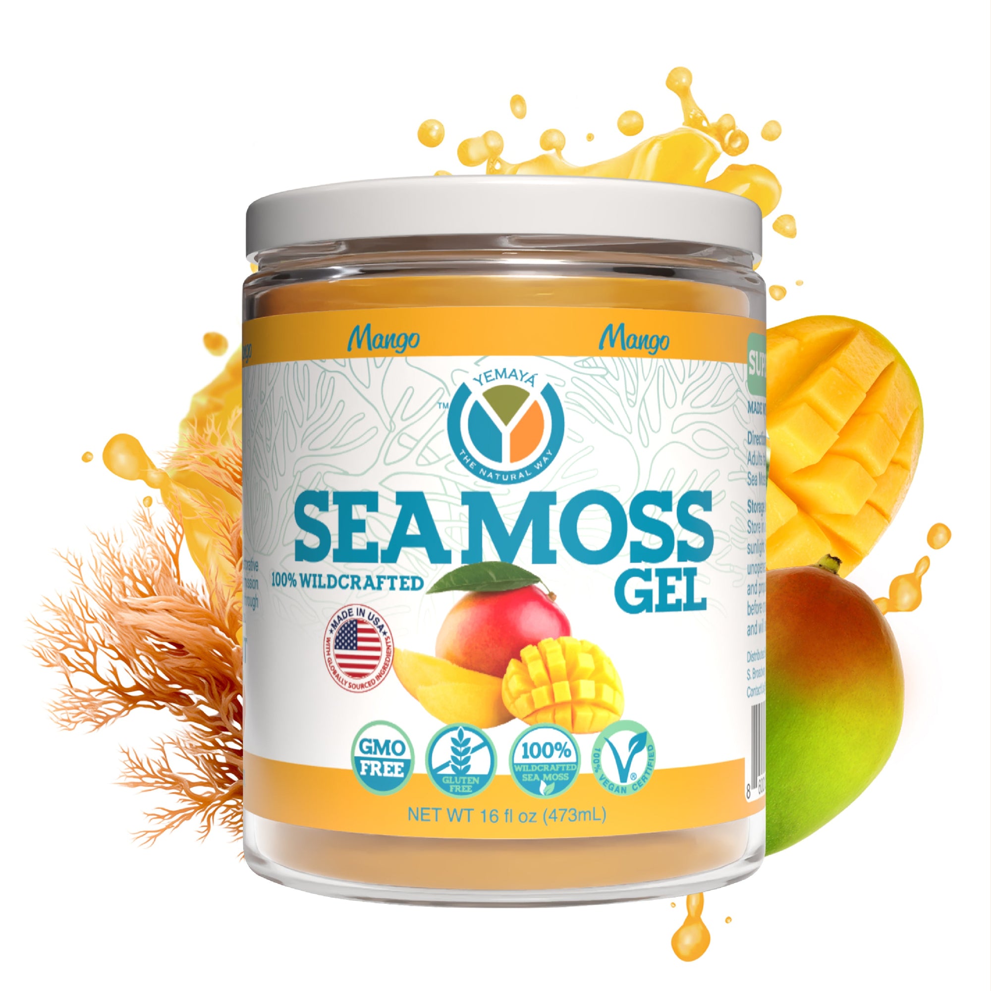 Seamoss gel container with mango flavor on a white background