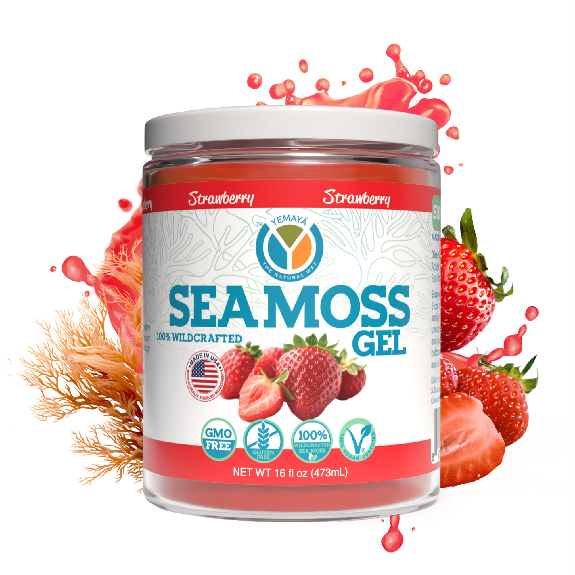 Seamoss gel container with strawberry flavor on a white background
