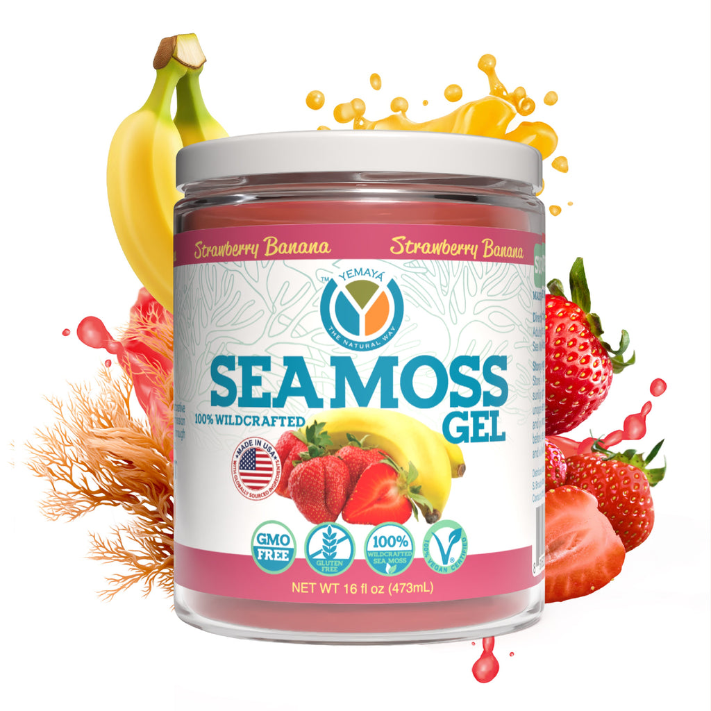 Seamoss gel container with strawberry and banana flavor on a colorful background